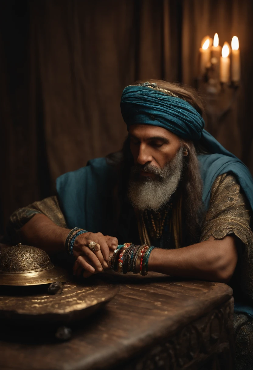 There's a man sitting at a table with a hat on, spell casting wizard, foto de perfil, imagem de perfil, canalizando a energia do terceiro olho, foto do perfil, portrait of a digital shaman, wearing labradorite veils, foto de perfil 1024px, usando um turbante, Directed by: Barbara Balmer, kundalini energia, major arcana mason sparkles sky