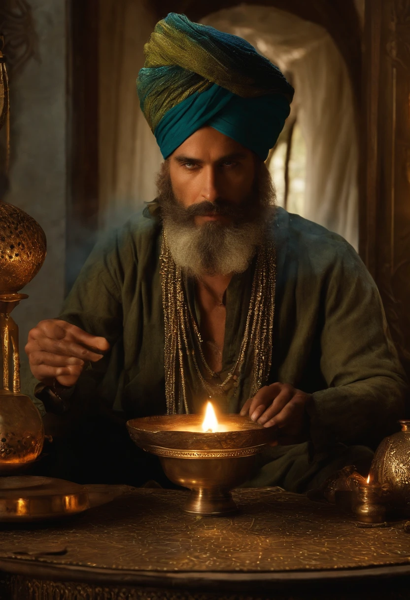 There's a man sitting at a table with a hat on, spell casting wizard, foto de perfil, imagem de perfil, canalizando a energia do terceiro olho, foto do perfil, portrait of a digital shaman, wearing labradorite veils, foto de perfil 1024px, usando um turbante, Directed by: Barbara Balmer, kundalini energia, major arcana mason sparkles sky