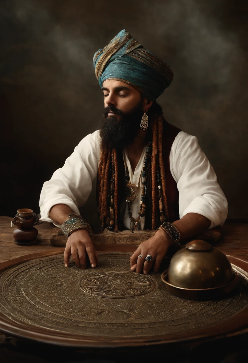 There's a man sitting at a table with a hat on, spell casting wizard, foto de perfil, imagem de perfil, canalizando a energia do terceiro olho, foto do perfil, portrait of a digital shaman, wearing labradorite veils, foto de perfil 1024px, usando um turbante, Directed by: Barbara Balmer, kundalini energia, major arcana mason sparkles sky