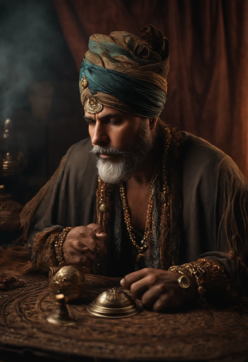 There's a man sitting at a table with a hat on, spell casting wizard, foto de perfil, imagem de perfil, canalizando a energia do terceiro olho, foto do perfil, portrait of a digital shaman, wearing labradorite veils, foto de perfil 1024px, usando um turbante, Directed by: Barbara Balmer, kundalini energia, major arcana mason sparkles sky