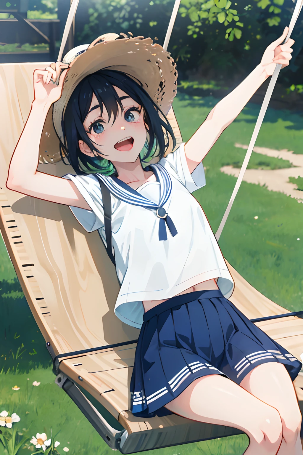 （Riko Amanay）、very delicate black hair、Straw Hat、Have fun at the Children's Park、Enjoy the swing、Because I had a good laugh、Tears came to my stomach、Open mouth and laugh out loud、