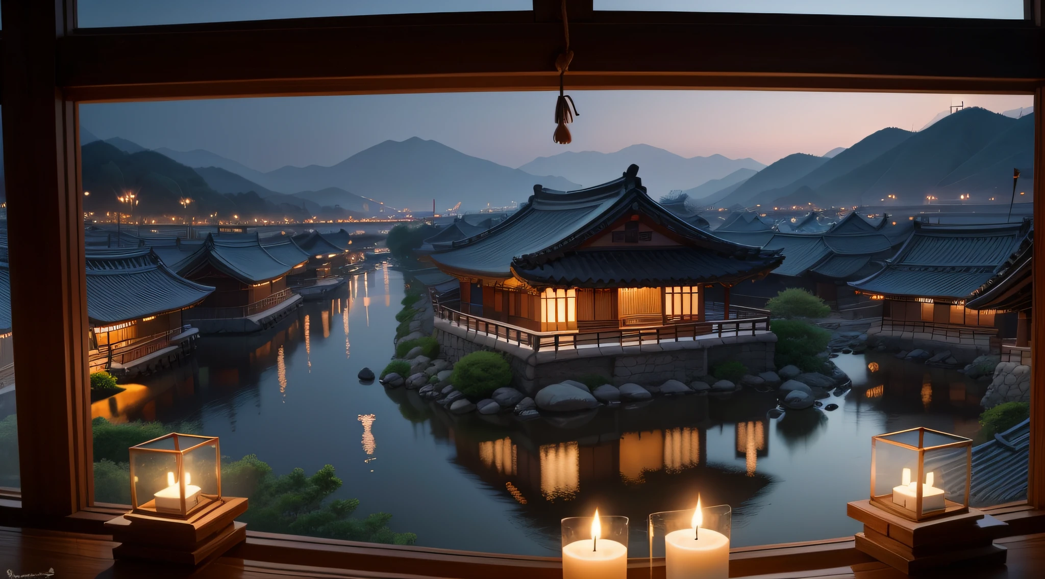 South Korea, riverside, Night view from the window of a hanok, candles