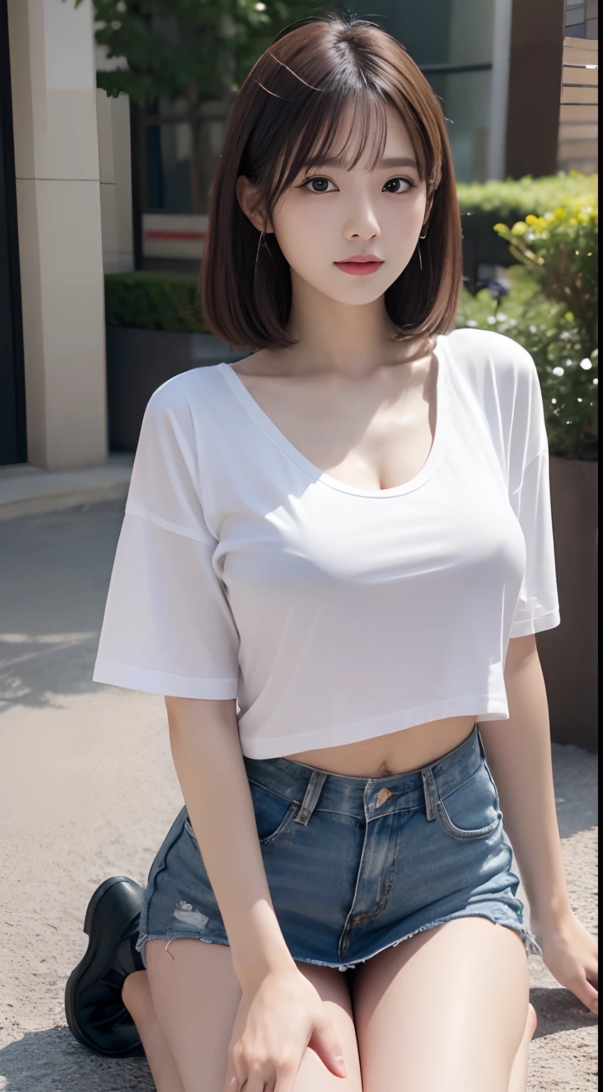 Innocent 20 year old girl、((Oversized white T-shirt,Dramatic poses、The chest is open)),Smile,short-cut,Park background、Raw photo, (8K、top-quality、​masterpiece:1.2)、(intricate detailes:1.4)、(Photorealsitic:1.4)、octane renderings、Complex 3D rendering ultra detail, Studio Soft Light, large full breasts、a miniskirt、Rim Lights, vibrant detail, super detailing, realistic skin textures, Detail Face, Beautiful detail eyes, Very detailed CG Unity 16k wallpaper, make - up, (detailedbackground:1.2), shinny skin, Full body、From head to thigh、cleavage of the breast,((getting on all fours、stick out buttocks、Put your hands on the ground))、