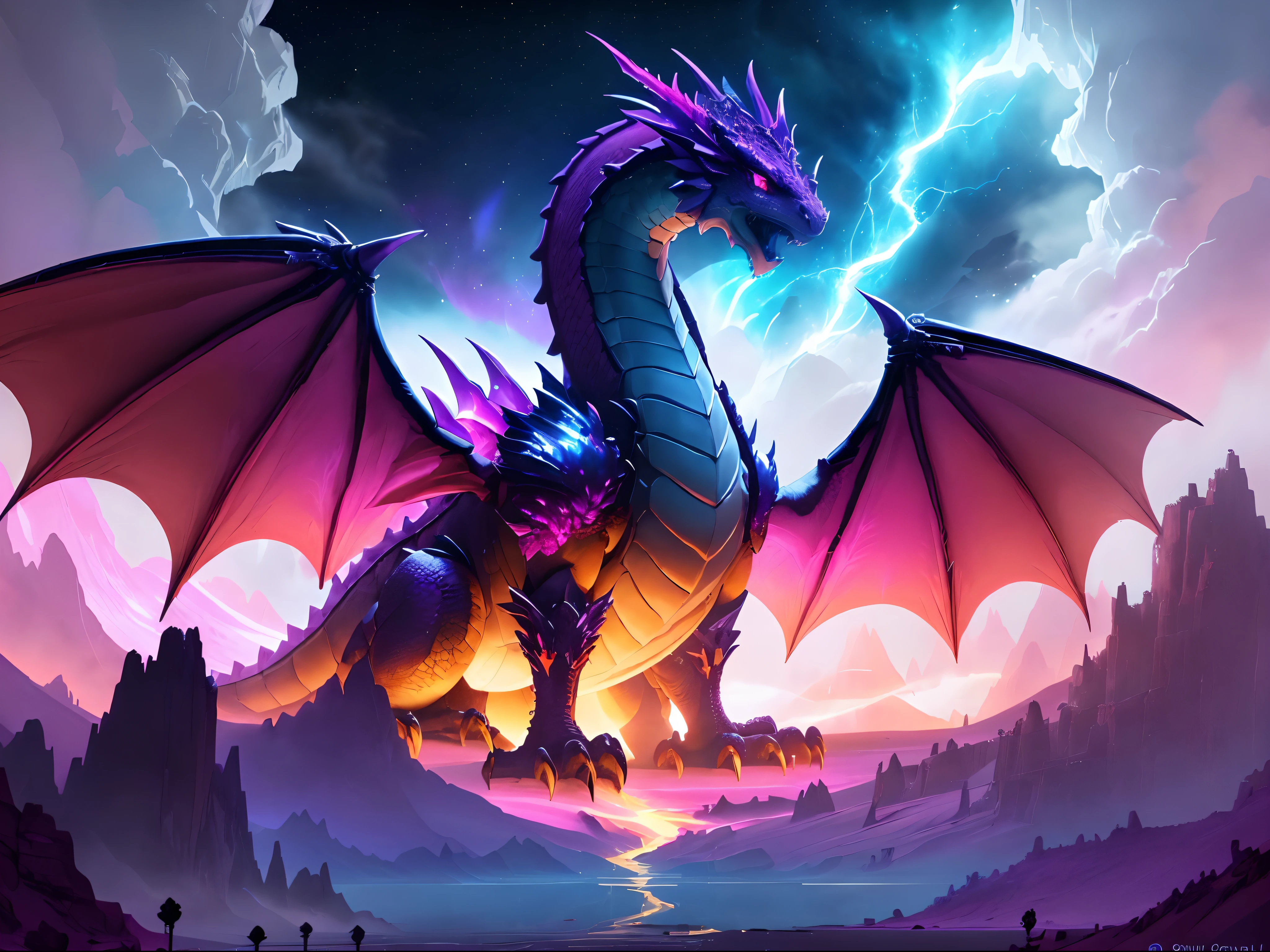 a picture of a dragon with pink and yellow eyes and a purple tail, colossal dragon as background, colossal dragon in background, dragon in the background, dragon in dragon lair, pink glowing core in armor, crystal dragon, pink fire around magic arena, legendary dragon, style of duelyst, lightning dragons attack, draconic looking armor, painted in the style arcane
