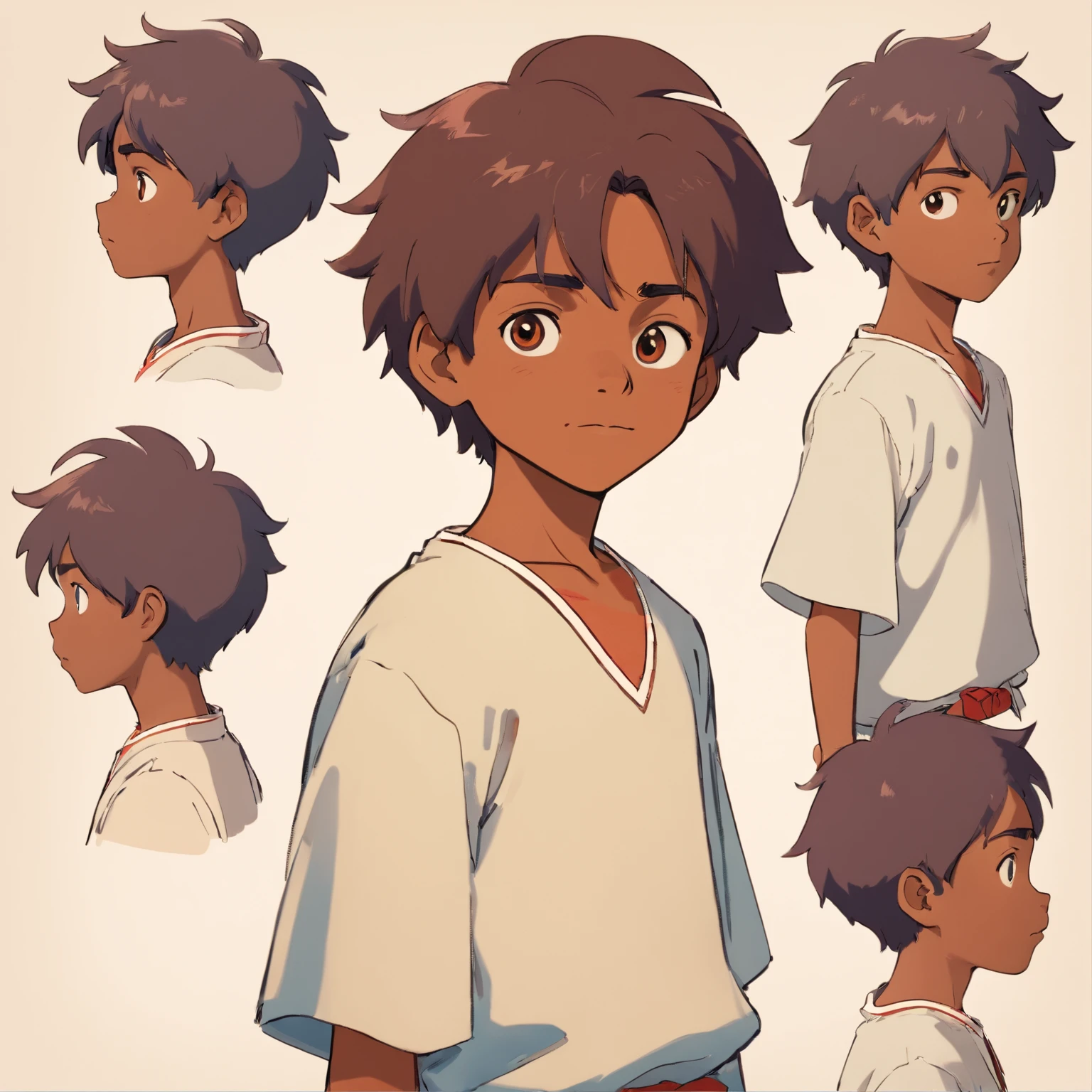 A young African boy, character design sheet, character turnaround