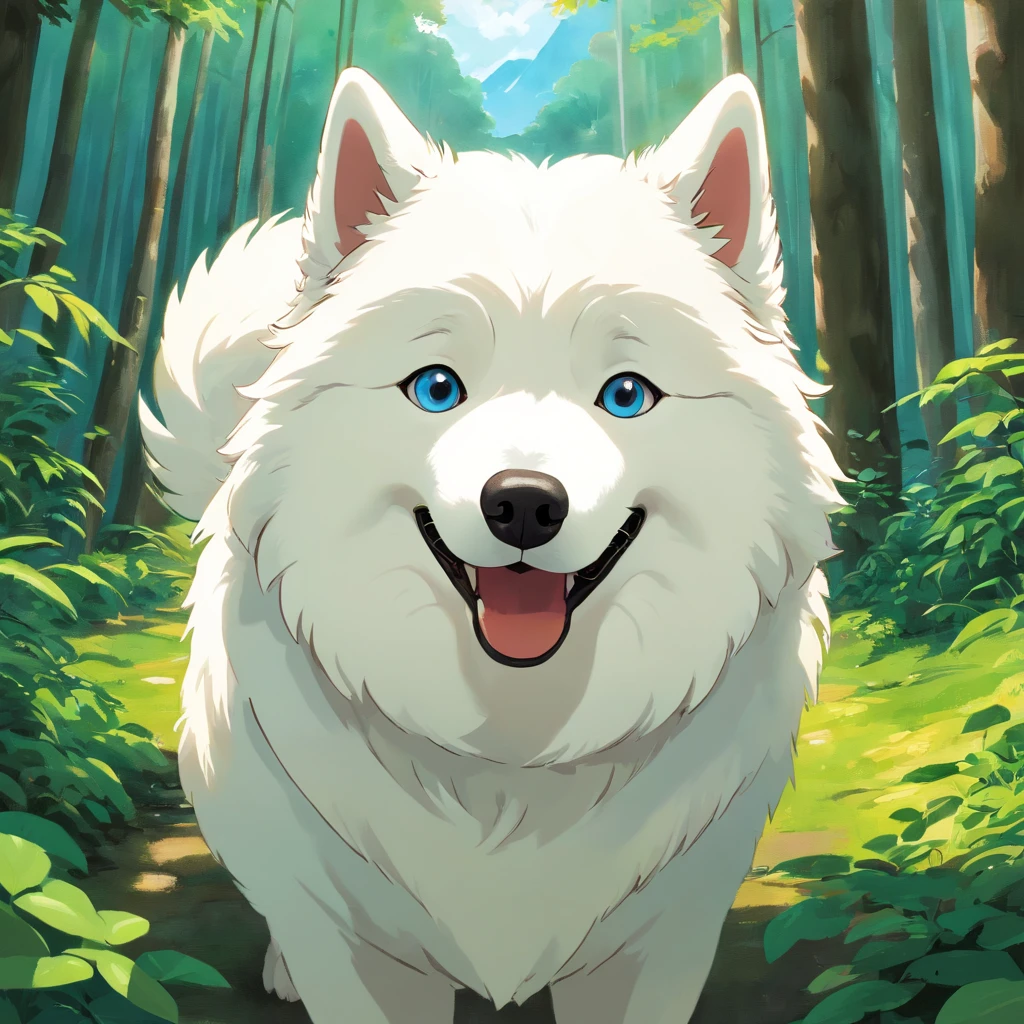 A Samoyed looking into the camera with a look of surprise and confusion, Looking with his head turned sideways, num lindo jardim