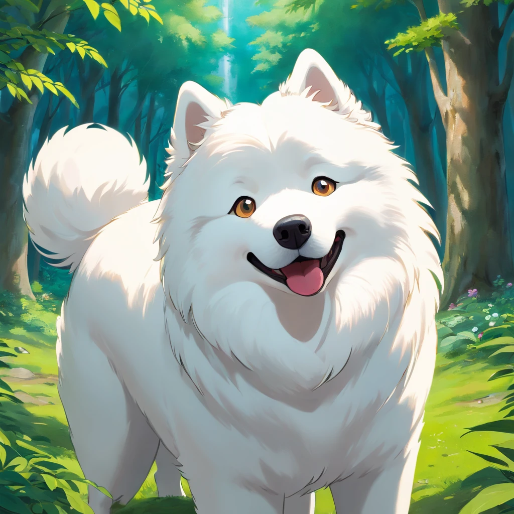 A Samoyed looking into the camera with a look of surprise and confusion, Looking with his head turned sideways, num lindo jardim