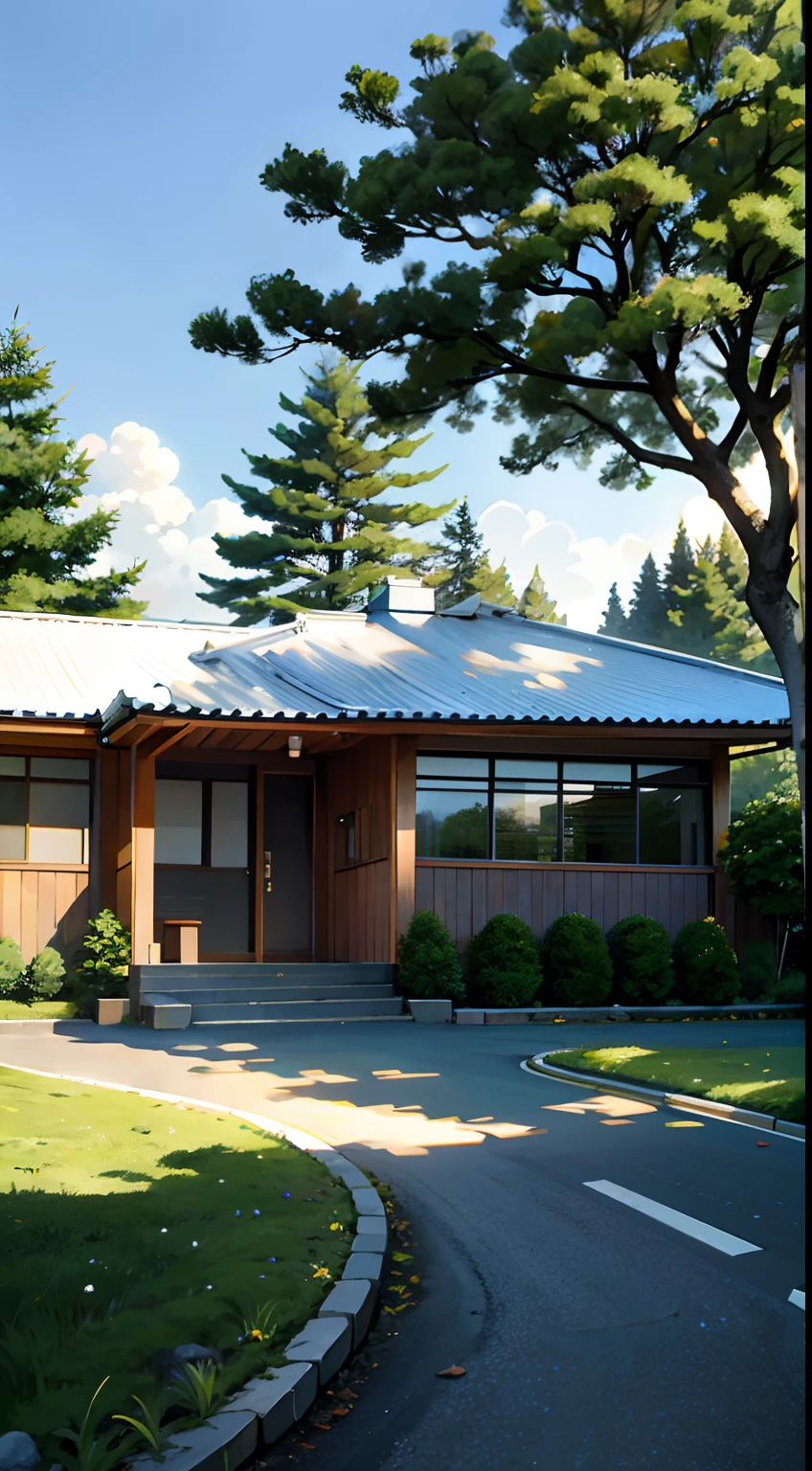 ( modern style Landscape),, japanese modern house, road, bend, small house, tree, pole, white cloud, landscape, outdoor, green trees, epic composition, realistic lighting, high-definition detail, masterpiece, the best quality, (very detailed CG unified 8k wallpaper), --v6