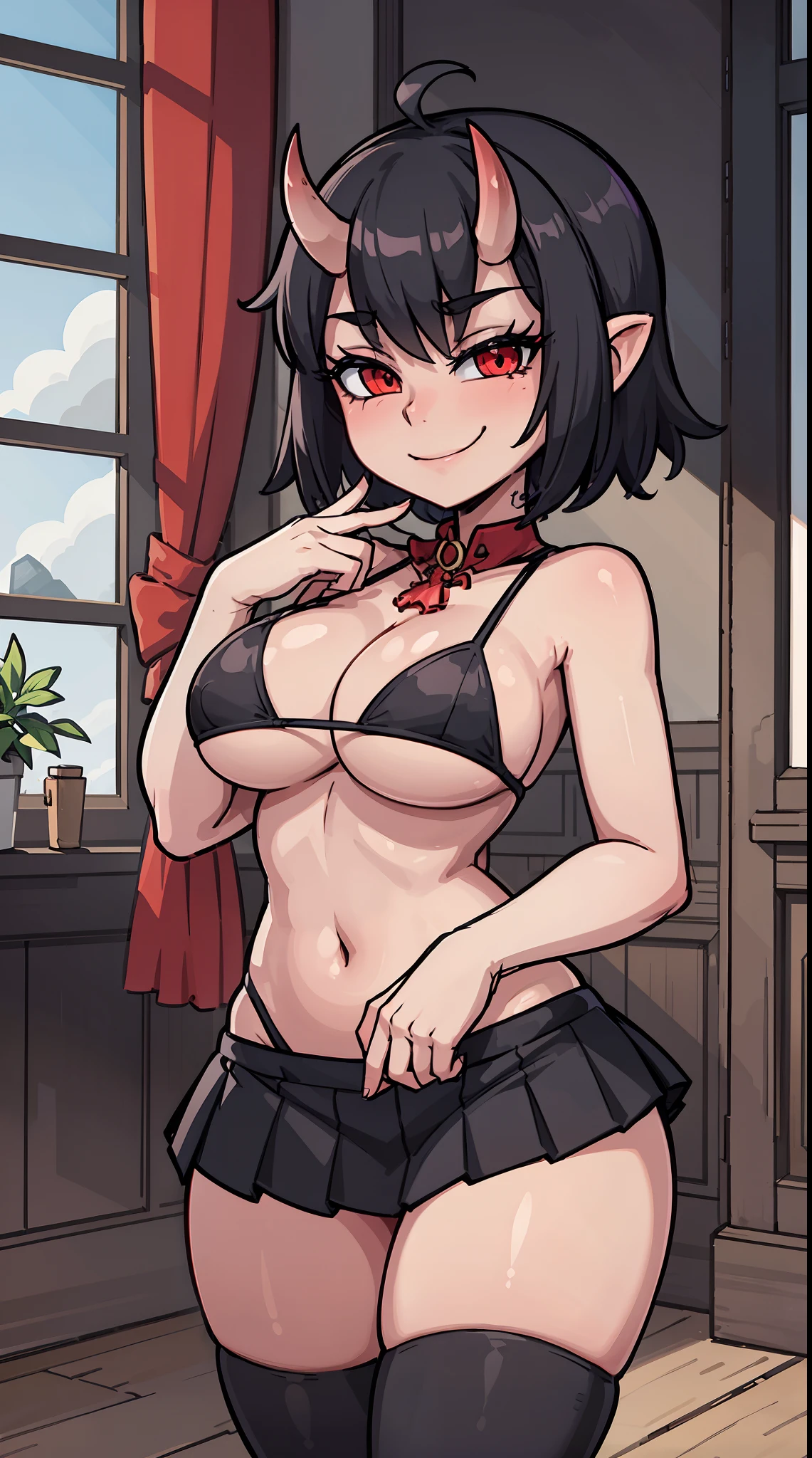 (masterpiece), best quality, 1girl, solo, demon girl, oni horns, petite girl, big breasts, black hair, short hair, pleated skirt, thigh high socks, smug smile, (cartoon style)