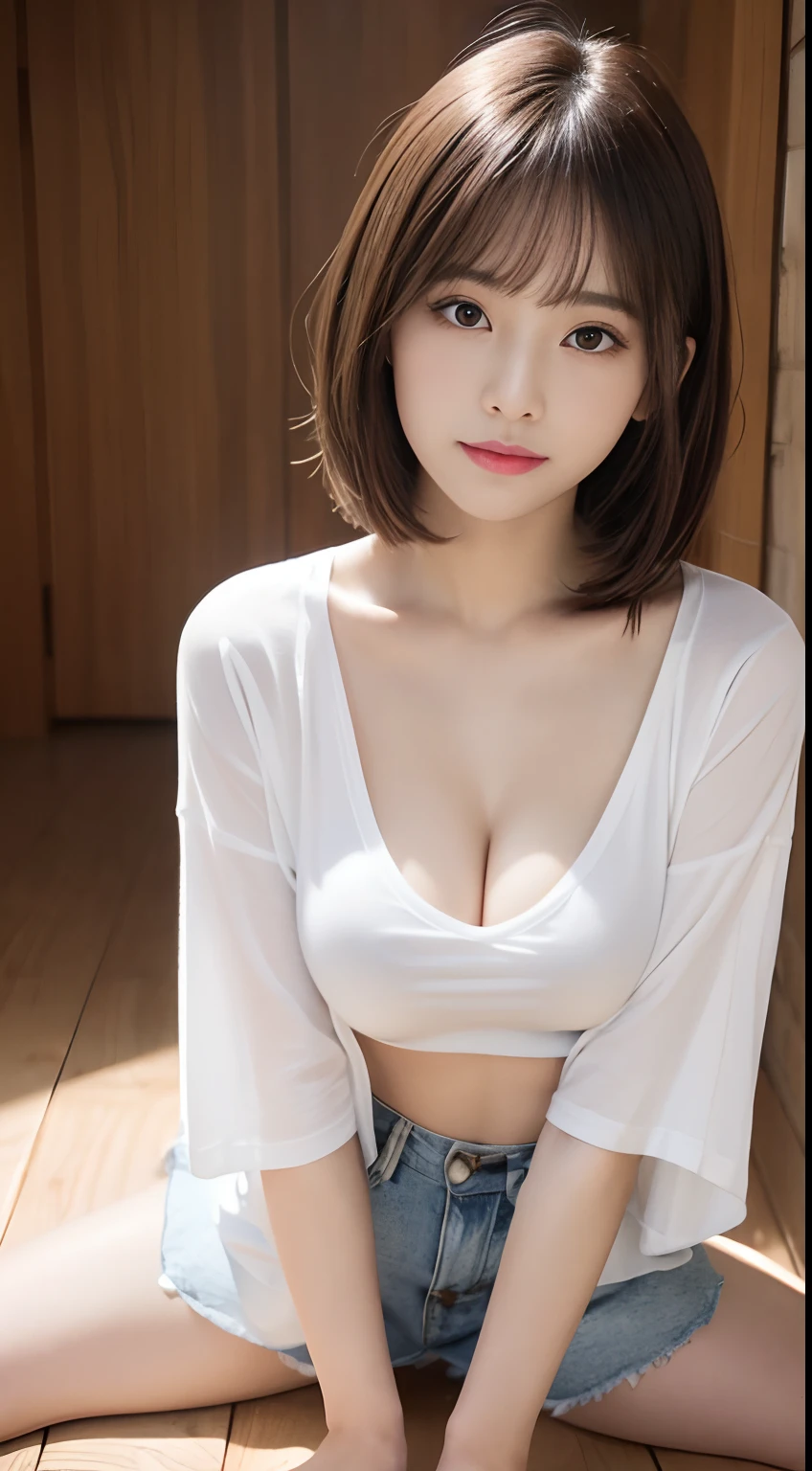 Innocent 20 year old girl、((Oversized white T-shirt,Dramatic poses、The chest is open)),Smile,short-cut,Park background、Chest wide open、Nipples are visible from clothes、visible、Raw photo, (8K、top-quality、masterpiece:1.2)、(intricate detailes:1.4)、(Photorealsitic:1.4)、octane renderings、Complex 3D rendering ultra detail, Studio Soft Light, large full breasts、a miniskirt、Rim Lights, vibrant detail, super detailing, realistic skin textures, Detail Face, Beautiful detail eyes, Very detailed CG Unity 16k wallpaper, make - up, (detailedbackground:1.2), shinny skin, Full body、From head to thigh、cleavage of the breast,((getting on all fours、stick out buttocks、Put your hands on the ground))、