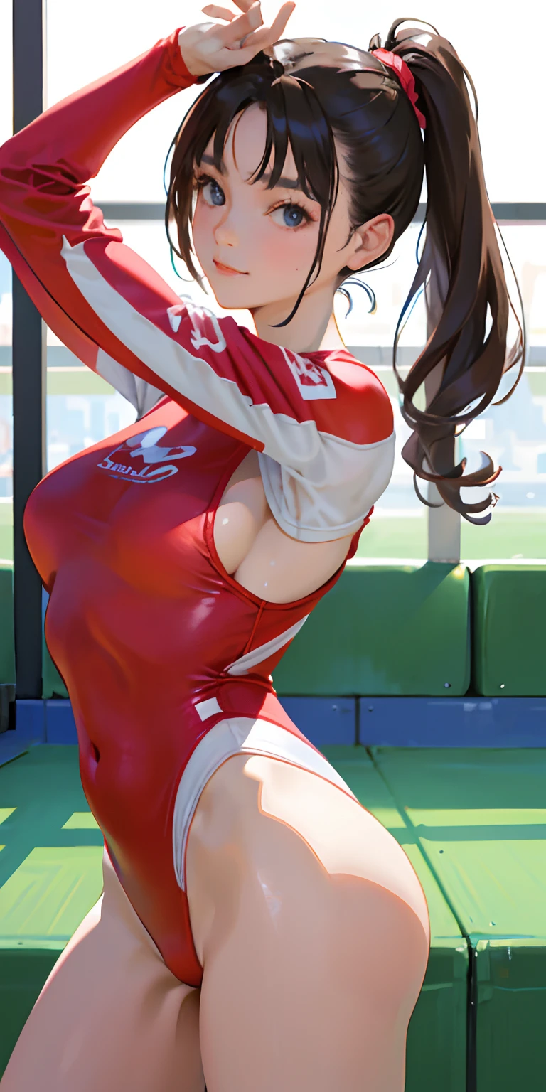 masterpiece、top-quality、hight resolution、Realistic Girl、gymnast、Close-up of people、Wear a red bodysuit、During gymnastics competitions、Smile、Gymnastics competition venue、A sexy