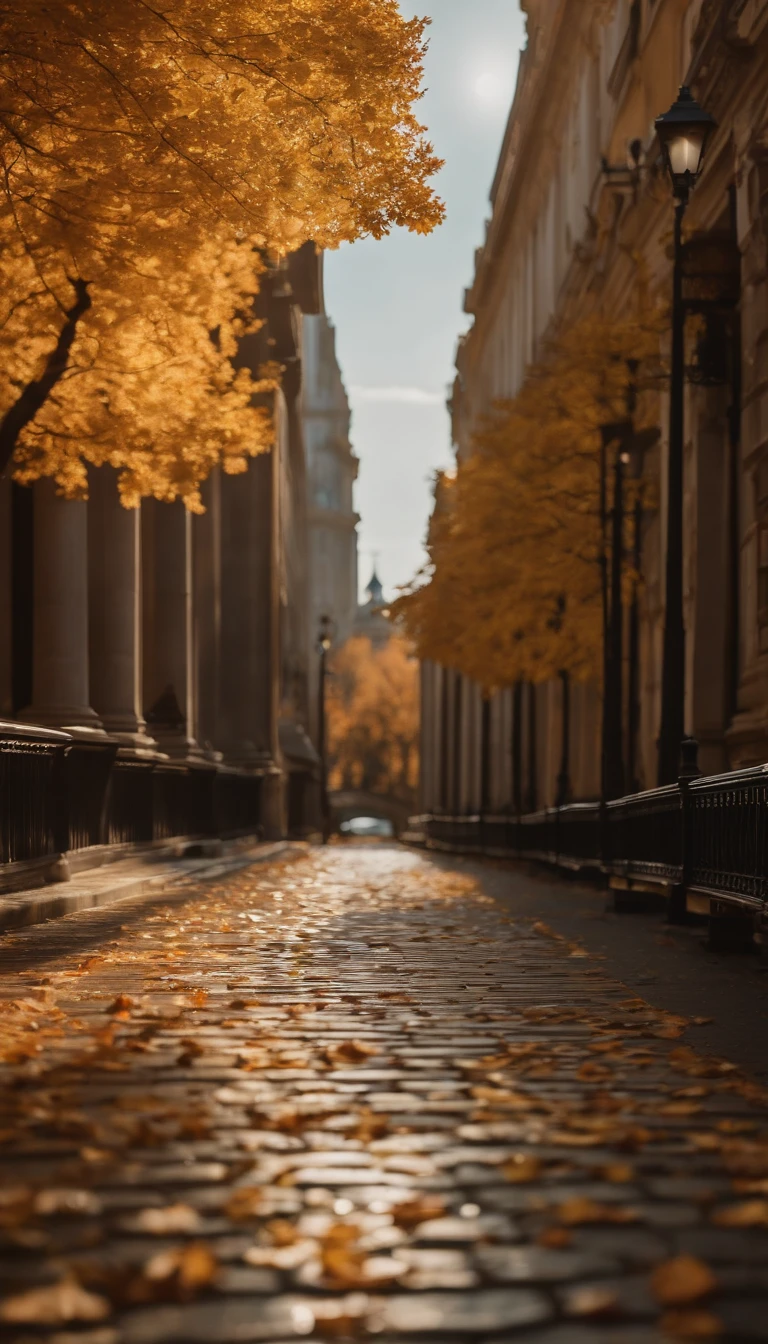 high-level image quality,(8K, realisitic, Raw foto, top-quality: 1.4), Ultra-wide angle of view,Beautiful city in autumn,buliding,Gingko tree,Bridge parapet,Daytime,Sheer sunlight,Colored leaves,high quarity,super-fine,Hyper-realistic,Ultra photo realsisim,35mm Camera Lens,ultra - detailed