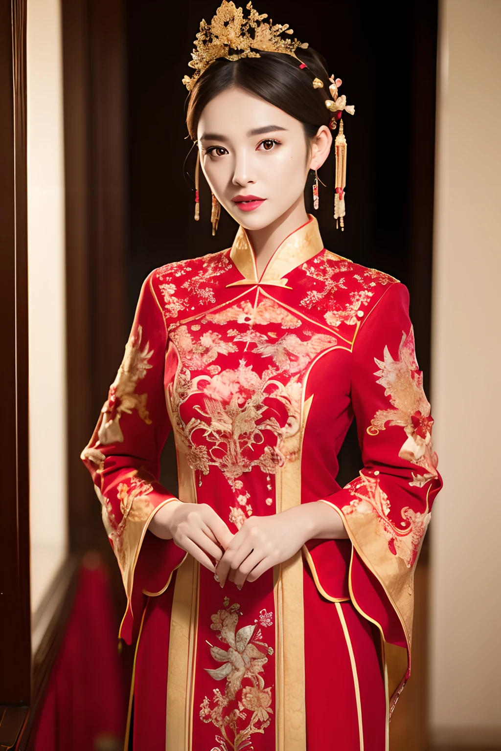 (Ultra-realistic 8K CG:1.2),Perfect artwork,delicate patterns,Complicated details,(Unbeatable masterpiece,Best quality at best:1.2),(extremly intricate:1.2),A woman in a red and gold dress,Absolutely beautiful,Phoenix crown,hair stick,(Standing and toasting),cosmetics,Be red in the face,is shy,black_Hair,looking-down,cosmetics,(forehead dot),(2 red candles),Chinese_clothes,窗帘,耳Nipple Ring,Hair_decorations,Hanfu,inside in room, jewely,rednails,Long_Sleeves,reddress,Redlip,nipple tassels,(Red quilt),(red palace:1.2),(Chinese Ancient Architecture),(rot:1.8),natta