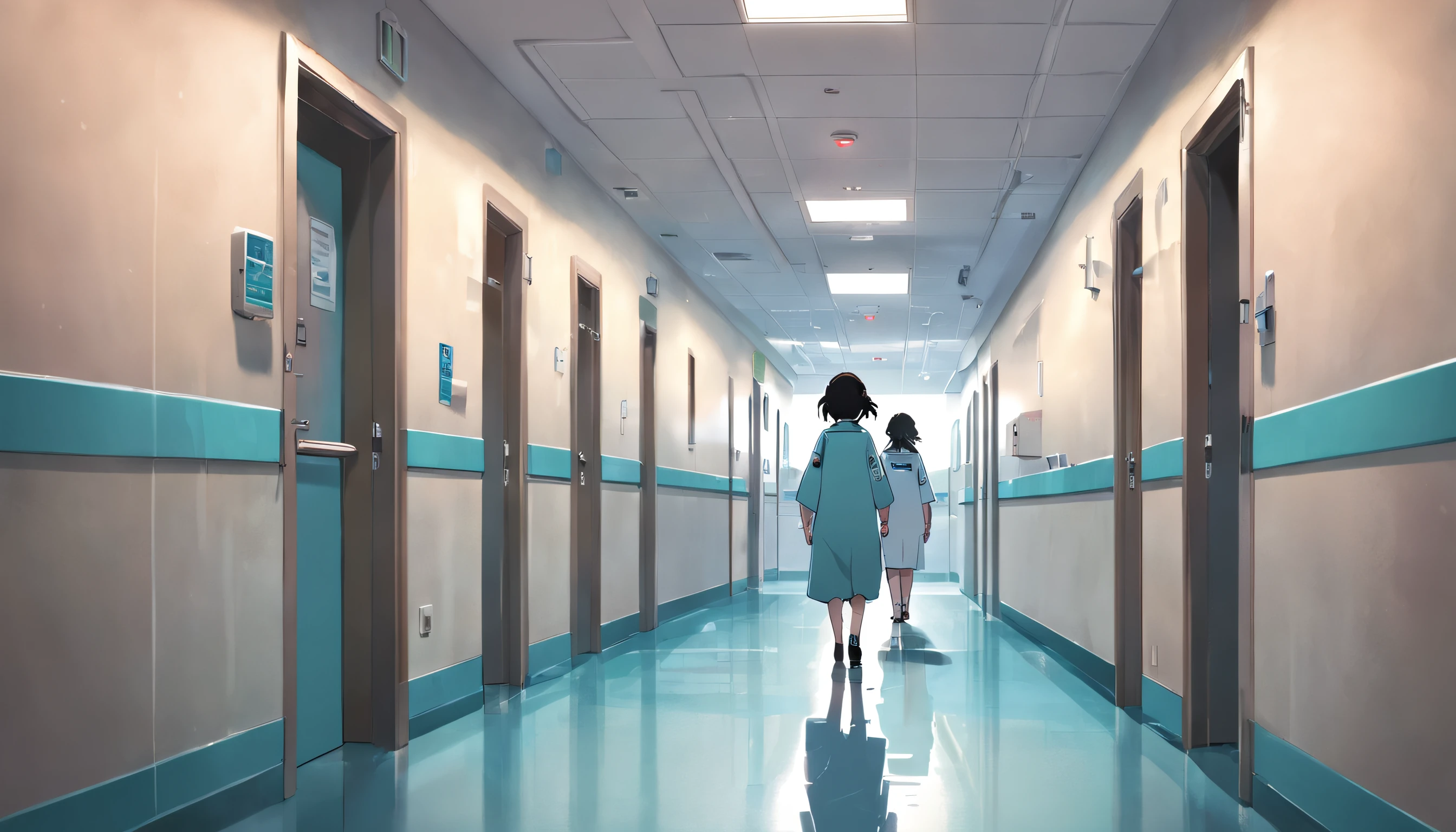 The hospital hallway splits into two perspectives. On one side, a patient with a hopeful expression walks hand in hand with a loved one, emblematic of the hope the hospital offers. On the other side, a figure stands alone, anxiety etched on their face, encapsulating the fear that others associate with the medical environment.