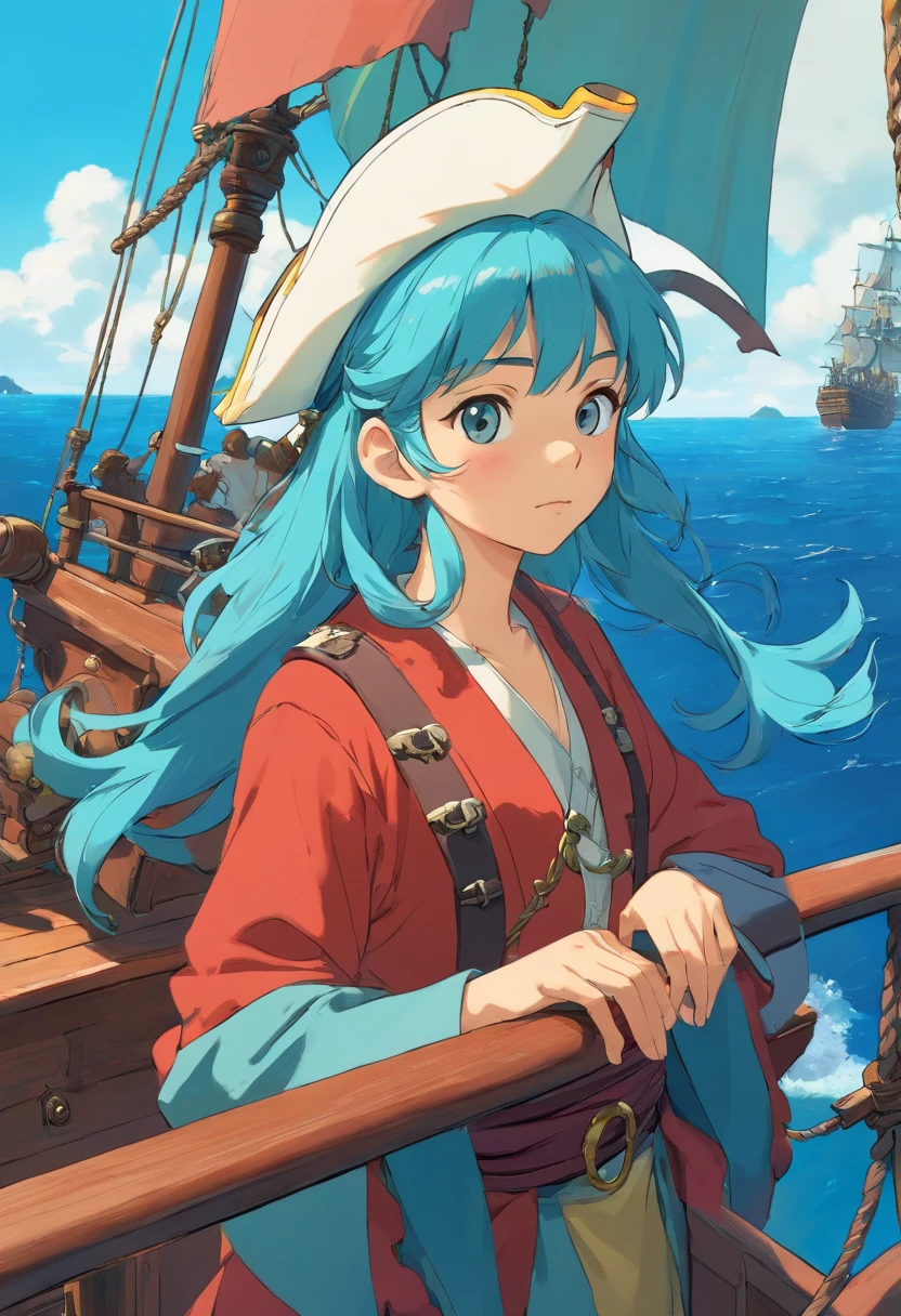 portrait of a pirate on a ship, in the style of tranquil gardenscapes, colorful animation stills, masami teraoka, aquamarine, paul gauguin, Embry style, honest portrayal