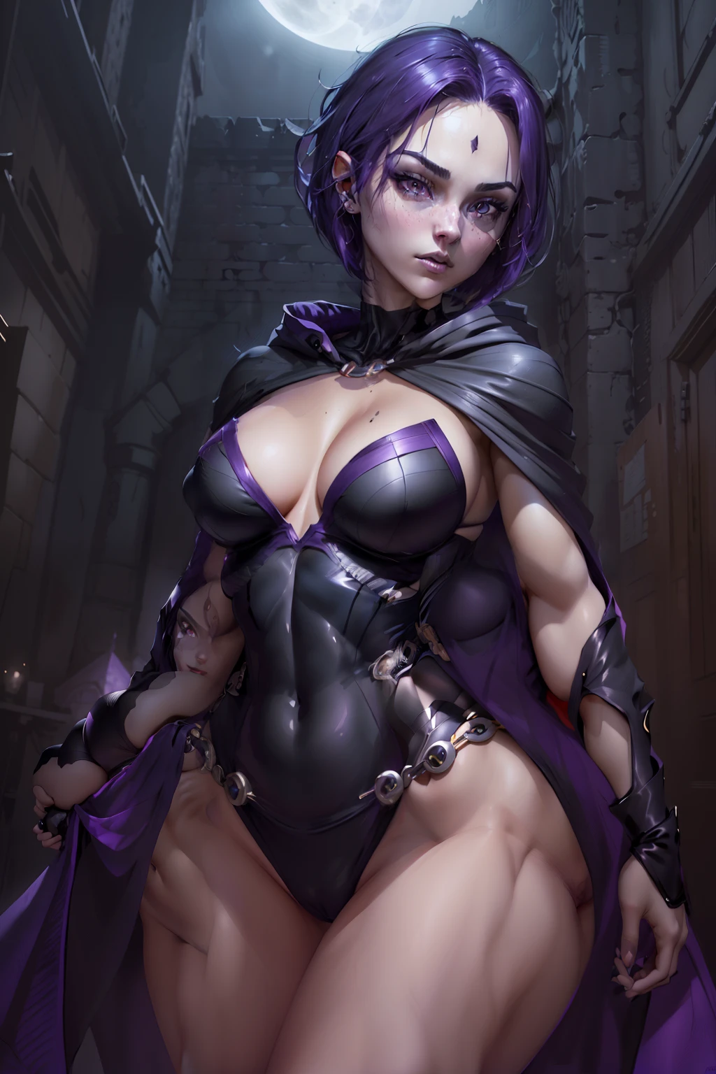 1girl, ravenTT, black leotard, black cape, hood, purple hair, forehead jewel, purple eyes, short hair, belt, skin tight, standing, cleavage, toned, breasts, wide hips, pose, night, moonlight, ((posing)), motion lines, torso, upper body, portrait, b&w. outline,