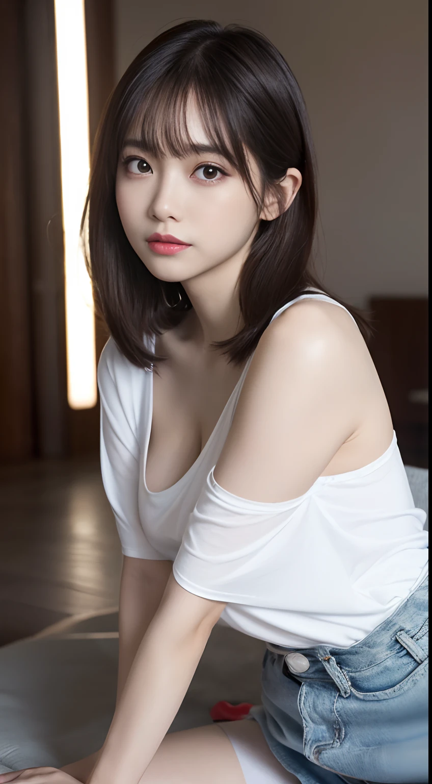 Innocent 20 year old girl、((Oversized white T-shirt,Dramatic poses、The chest is open)),Smile,short-cut,Park background、Chest wide open、 Visible from boob clothes、Shoulders are sticking out、Raw photo, (8K、top-quality、masterpiece:1.2)、(intricate detailes:1.4)、(Photorealsitic:1.4)、octane renderings、Complex 3D rendering ultra detail, Studio Soft Light, large full breasts、a miniskirt、Rim Lights, vibrant detail, super detailing, realistic skin textures, Detail Face, Beautiful detail eyes, Very detailed CG Unity 16k wallpaper, make - up, (detailedbackground:1.2), shinny skin, Full body、From head to thigh、cleavage of the breast,((getting on all fours、stick out buttocks、Put your hands on the ground))、Chest up