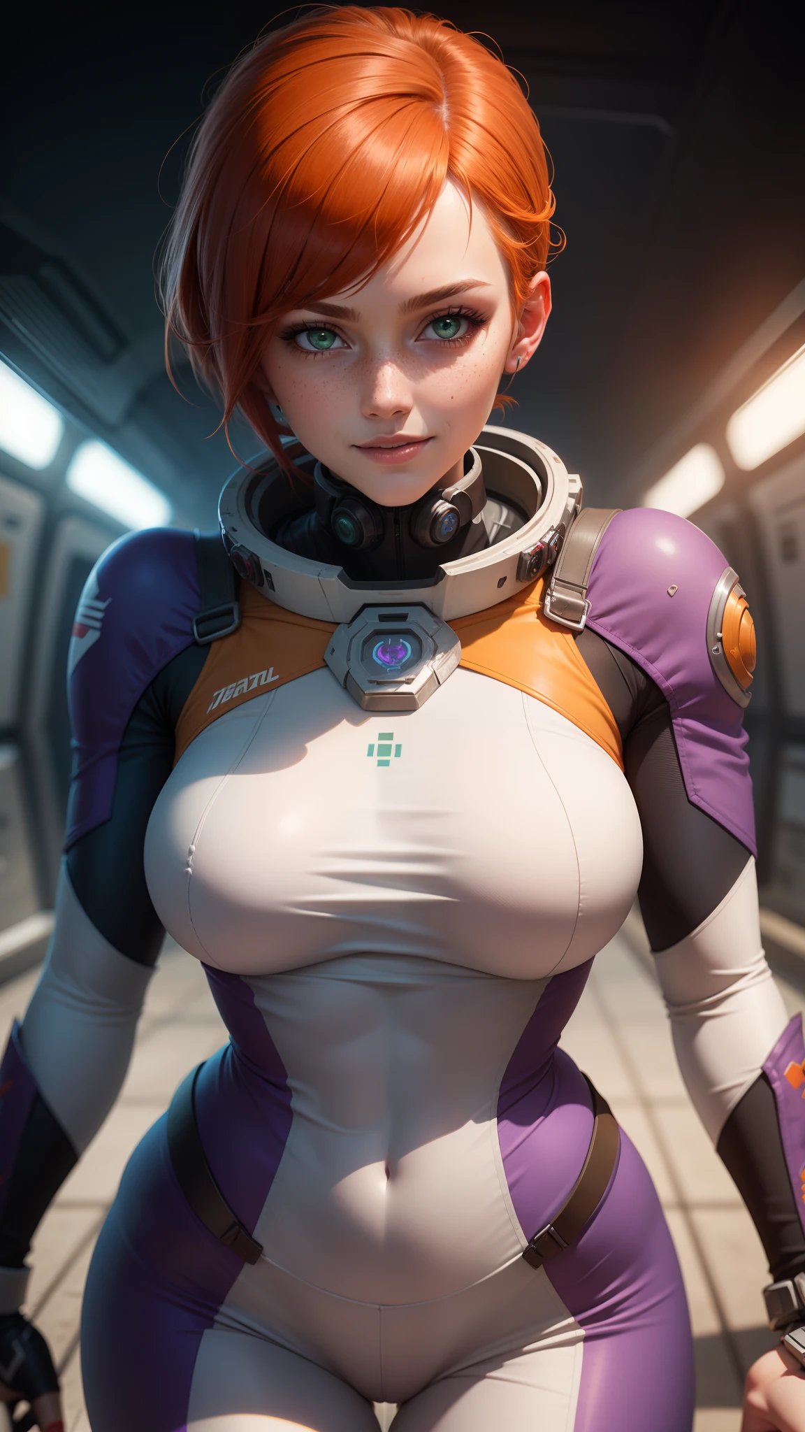 gwen tennyson,tracer,samus,rebecca chambers,overwatch,gundam,1girl,close up,mecha pilot,space port,purple and orange plugsuit,pilot jacket,pirate corset, white long sleeve lycra top,white leggings,short hair,war makeup,green eyes,orange hair,purple highlights,shy smile,freckles,redhead,beautiful girl,large breasts,ultra detailed,realistic,fantasy art,