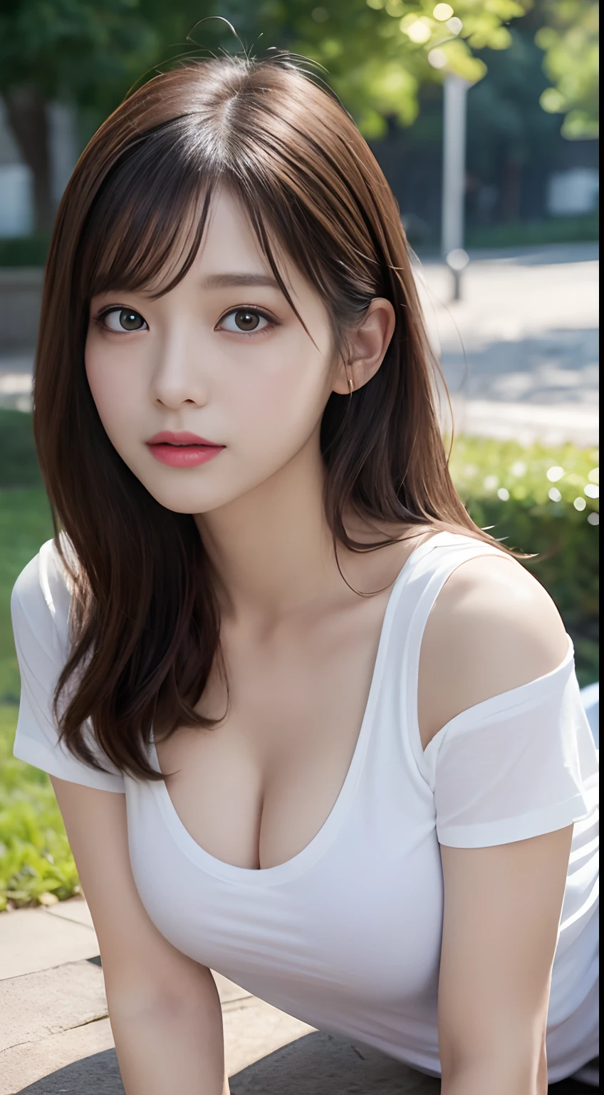 Innocent 20 year old girl、((Oversized white T-shirt,Dramatic poses、The chest is open)),Smile,short-cut,Park background、Chest wide open、 Visible from boob clothes、Shoulders are sticking out、Visible from the nipple clothes、Raw photo, (8K、top-quality、​masterpiece:1.2)、(intricate detailes:1.4)、(Photorealsitic:1.4)、octane renderings、Complex 3D rendering ultra detail, Studio Soft Light, large full breasts、a miniskirt、Rim Lights, vibrant detail, super detailing, realistic skin textures, Detail Face, Beautiful detail eyes, Very detailed CG Unity 16k wallpaper, make - up, (detailedbackground:1.2), shinny skin, Full body、From head to thigh、cleavage of the breast,((getting on all fours、stick out buttocks、Put your hands on the ground))、Chest up