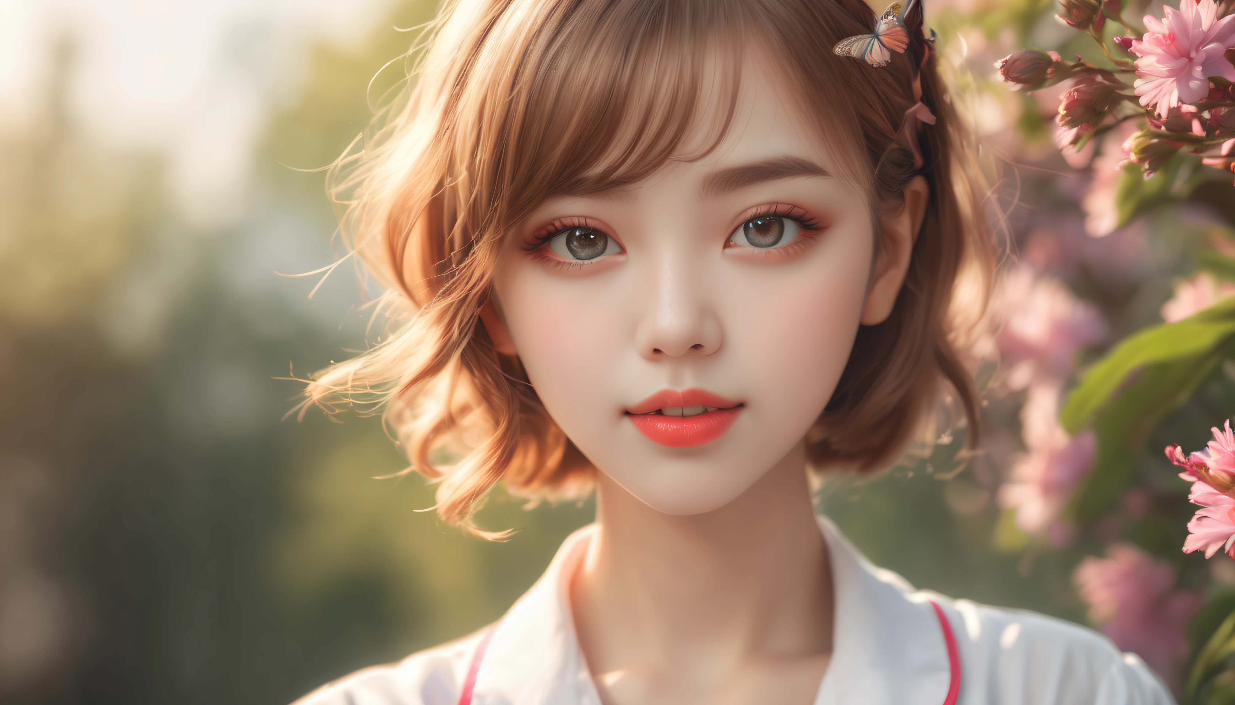/imagine prompt:(best quality,highres,masterpiece:1.2),ultra-detailed, (realistic,photorealistic,photo-realistic:1.37),girl, (nsfw), naughty,playful, detailed eyes,detailed lips,nymph-like beauty,nurse costume, cute,adorable,expressive face,long eyelashes,hazel eyes, innocent smile,cheeky expression,curly hair,beautifully styled, bright red lipstick,soft skin,sparkling eyes, material: oil painting,illustration,high-resolution photograph, additional details: blooming flowers,lush garden background,butterflies fluttering around, color palette: vibrant and lively colors, pastel shades, lighting: soft natural light,golden hour, art style: portrait,realistic rendering,romantic aesthetic,bright and cheerful atmosphere, Sensational, Cleancore, Lithography, landscape, Character modeling, Soft focus, Collage, autochrome colors, Meatcore, sunrise lighting, Hyper realistic, dramatic shadows, film noir style,  16k --ar 16:9