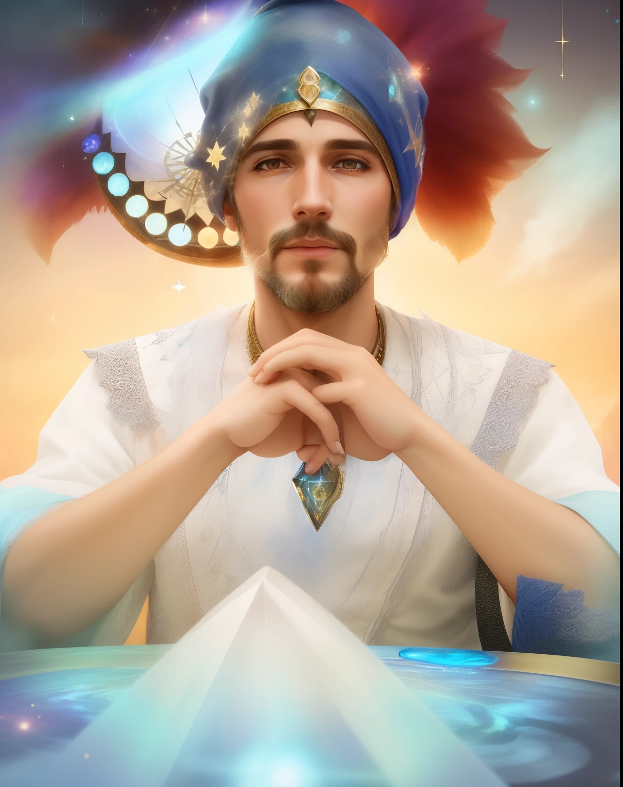 There's a man sitting at a table with a hat on, spell casting wizard, foto de perfil, imagem de perfil, canalizando a energia do terceiro olho, foto do perfil, portrait of a digital shaman, wearing labradorite veils, foto de perfil 1024px, usando um turbante, Directed by: Barbara Balmer, kundalini energia, major arcana mason sparkles sky
