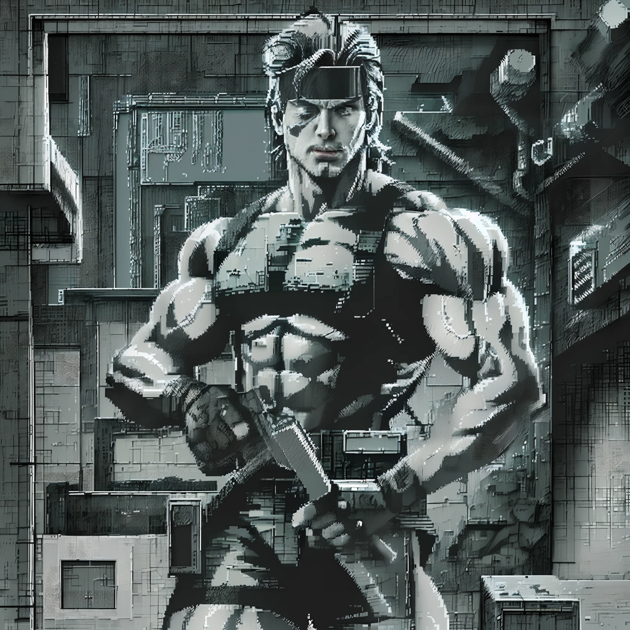 Solid snake highly detailed old 80's video game instruction manual illustration, slightly pixelated, Grain et bruit.