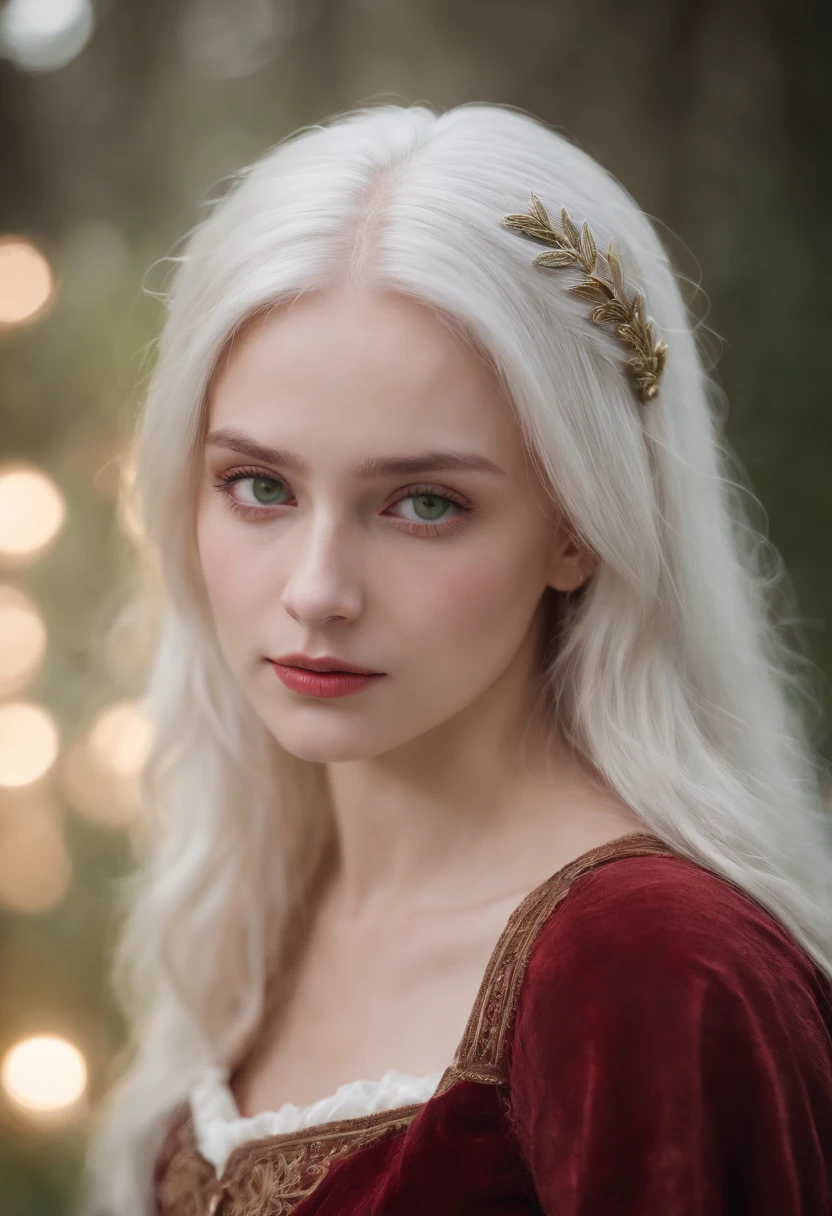 (((a deep reddish wound crosses her left cheek))) fair complexion, woman around , natural white hair, distinctive green eyes, wearing kohl, slender and graceful, beautiful, candlelight in a medieval setting, ultra sharp focus, realistic shot, no female clothes, tetradic colors (scar:1.4)