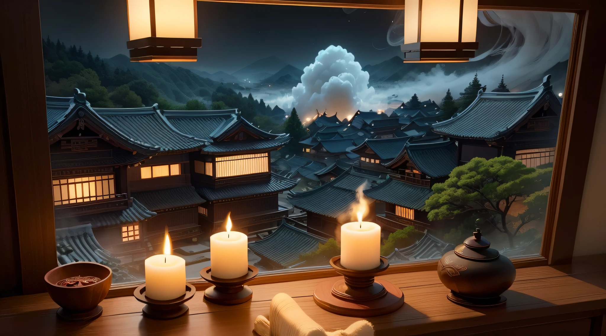 ((Masterpiece)),((Best Quality)),((High Detail)),((realisitic,)),ravine, Traditional Korean Houses, Night view from the window, Smokeful incense, candles