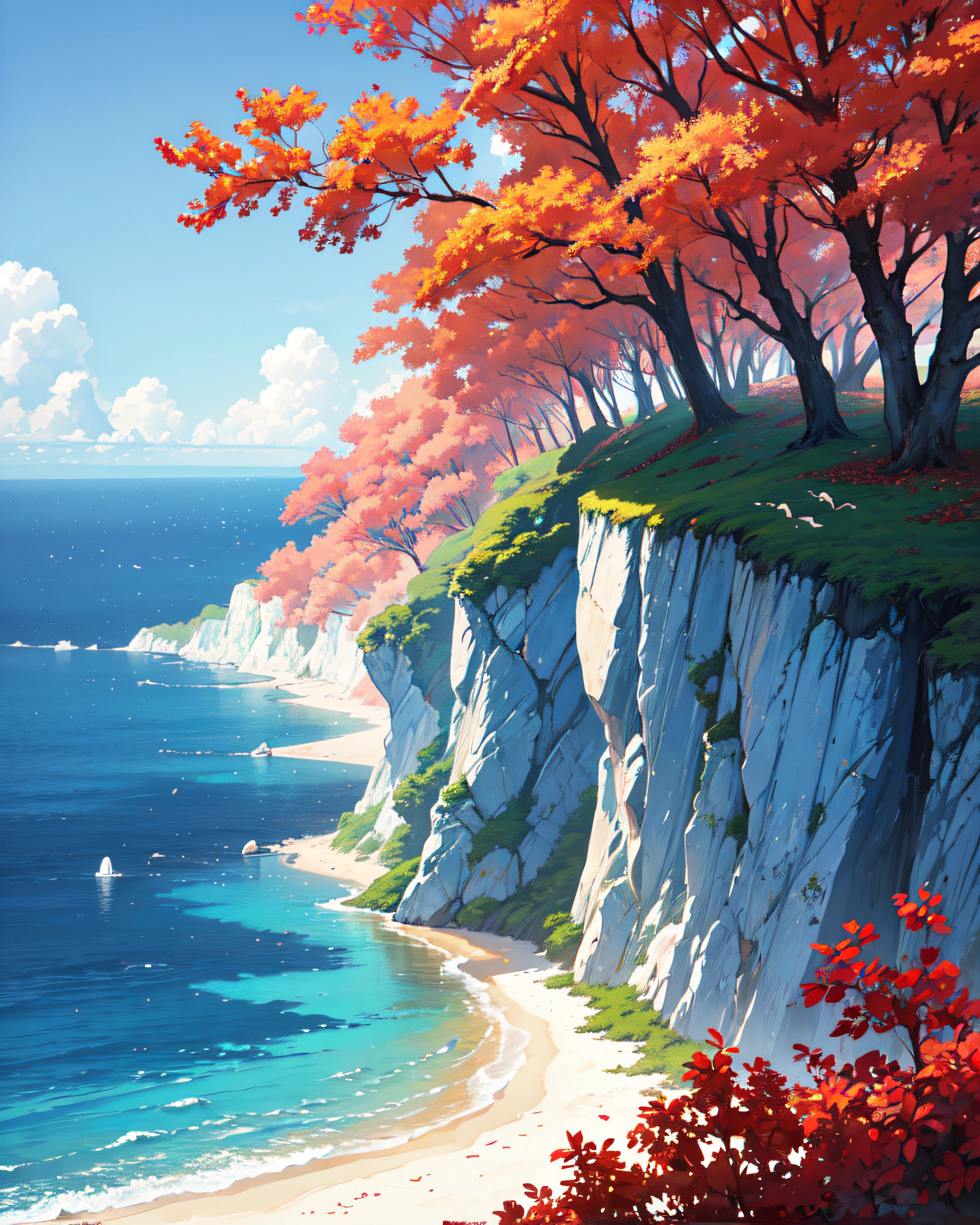 Nature in the morning, sunshine, nobody, graphic ultra HD, anime detailed, sky with clouds, no person, high quality, with red trees, beach with waves, ocean, houses, island, fallen leaves, spring, upscale, not bad view, perfect view, most, water vapor, waterfall, masterpiece, (hd quality 8k), anime version.