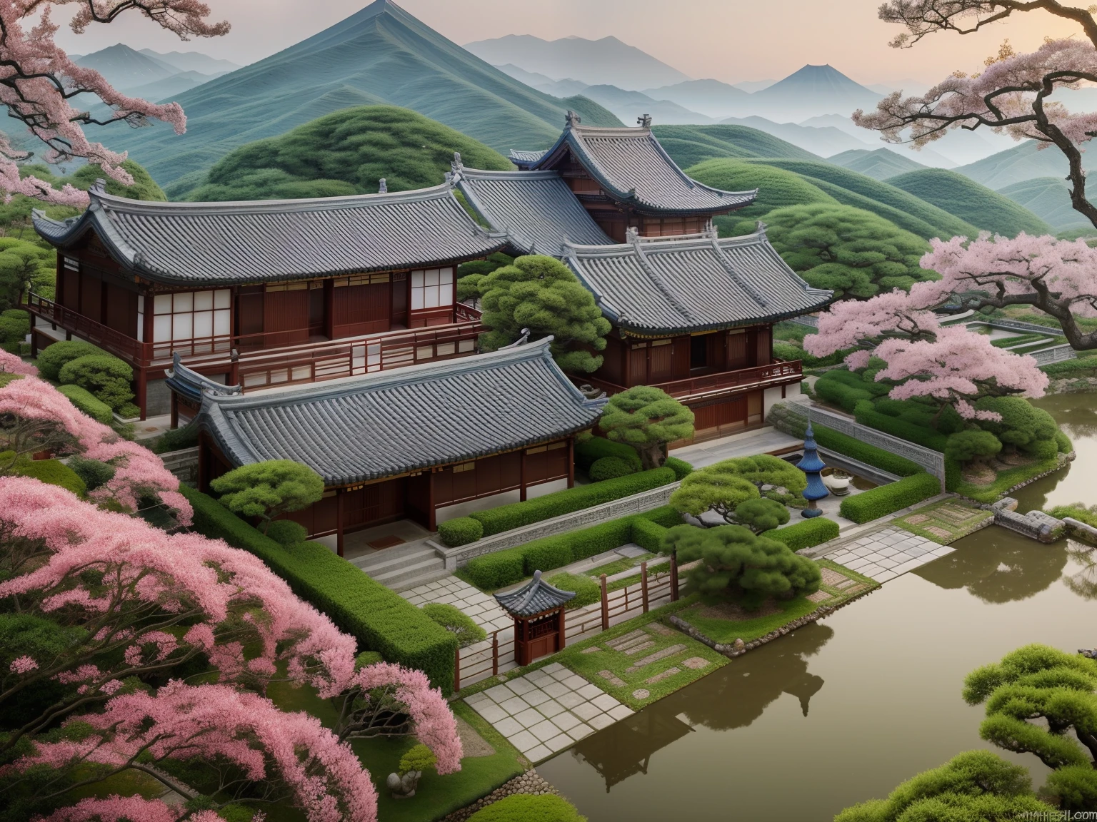 there is a picture of a house with a flowered roof, by Ma Yuanyu, chinese classical style, beautiful, japanese art style, studio ghibli aesthetic, beautiful image, inspired by Matsumura Goshun, chinese style, japanese style painting, hiroya oku painterly,  night, nice interior light, great landscape around,