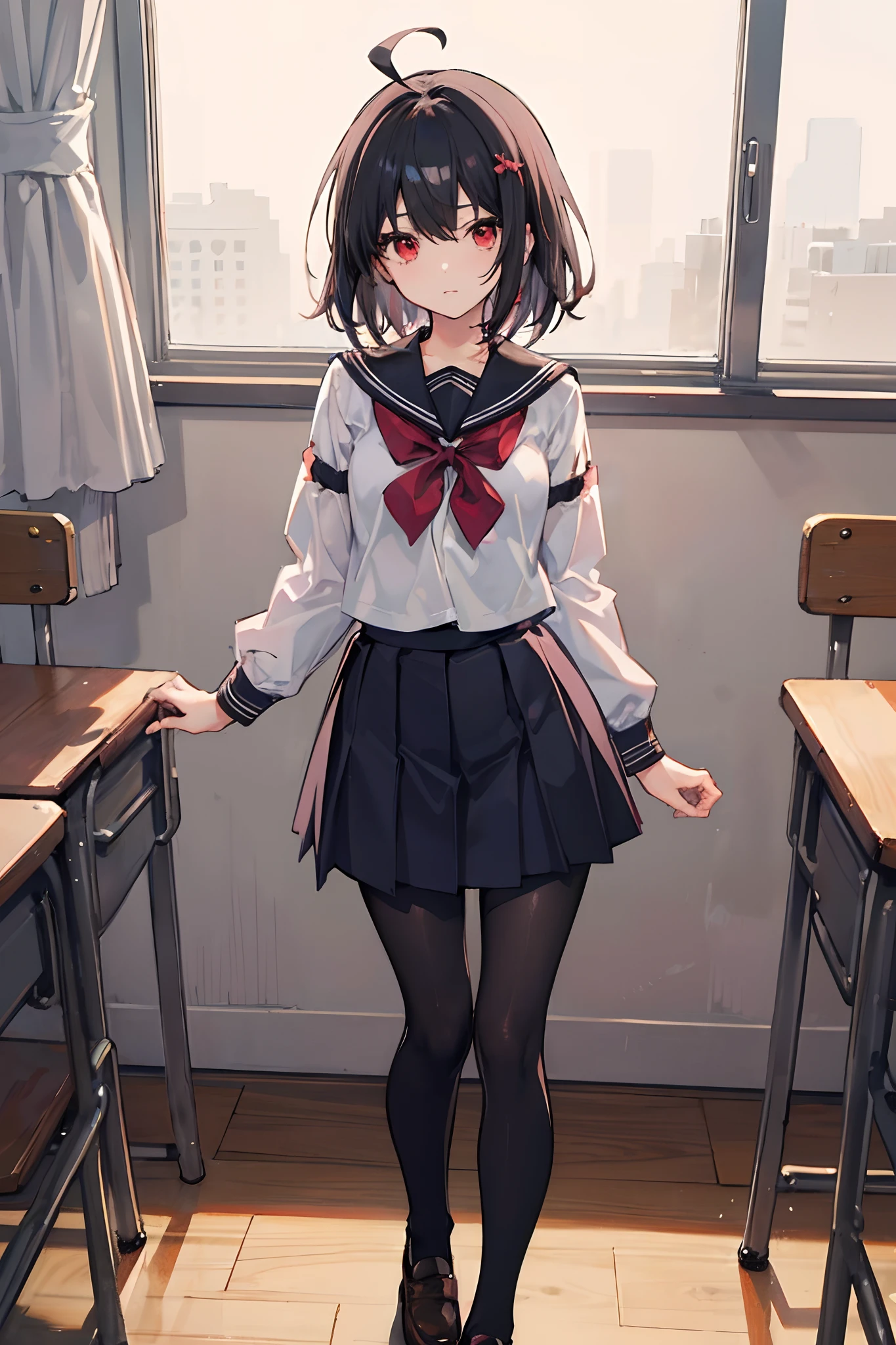 masterpiece, best quality, ultra-detailed, illustration, colorful, lens flare, 1girl, anime, sitting, black hair, looking at viewer, school, classroom, pleated miniskirt, school uniform, serafuku, black pantyhose, detailed skin texture, detailed cloth texture, beautiful detailed face,