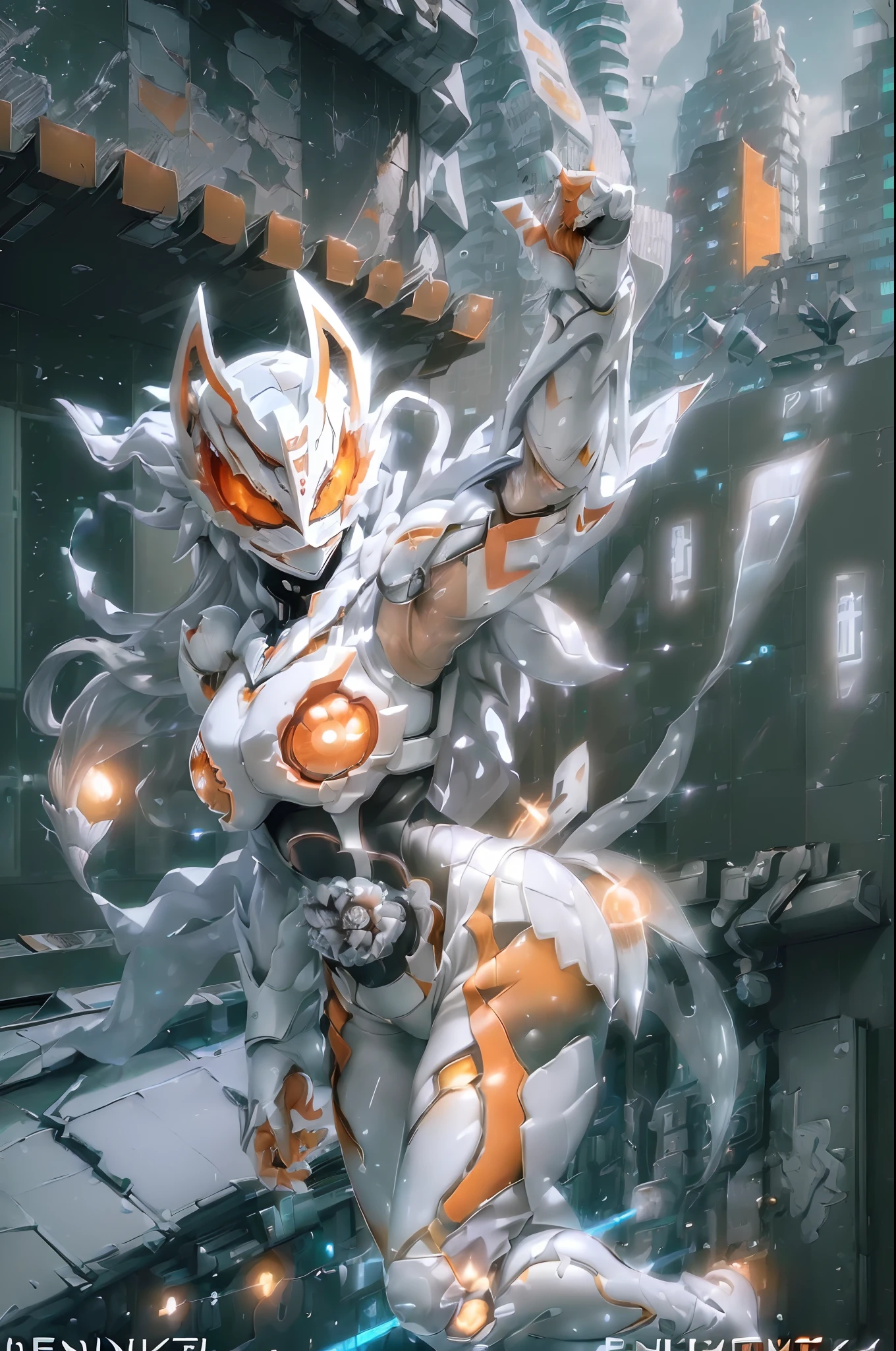 (White Mask Suit、Full body、the eyes are orange:1.7)1girl in(slenderbody、Colossal tits、Long silver hair:1.5)Hair that flutters in the wind、(jumpping、high kick pose、In the sky、Stylish:1.4)Cyberpunk 2085 Background, Raw photo, Highest Quality, masutepiece, high-definition RAW color photography, professional photograpy, the Extremely Detailed CG Unity 8K Wallpapers, Photorealism, hight resolution, hyperdetails, Photorealistic, Best Quality, extremely delicate and beautiful illustration, Perfect Anatomy, Detailed eyes, (Eyes half closed), beautiful detailed background,(dynamic ungle:1.2)(BREAK)(Cyber Zipangu,Skyscraper、On the roof of a building:1.2)Cinematic Light,