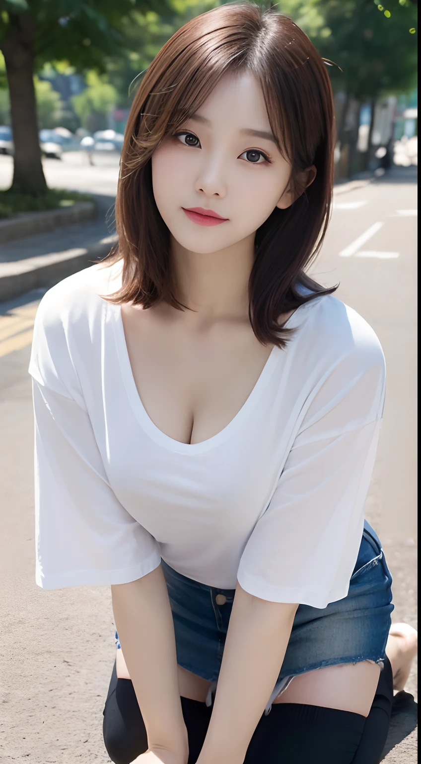 Innocent 20 year old girl、((Oversized white T-shirt,Dramatic poses、The chest is open)),Smile,short-cut,Park background、Chest wide open、 Visible from boob clothes、Shoulders are exposing wide、Visible from clothes 、Chest chiller、Raw photo, (8K、top-quality、​masterpiece:1.2)、(intricate detailes:1.4)、(Photorealsitic:1.4)、octane renderings、Complex 3D rendering ultra detail, Studio Soft Light, large full breasts、a miniskirt、Rim Lights, vibrant detail, super detailing, realistic skin textures, Detail Face, Beautiful detail eyes, Very detailed CG Unity 16k wallpaper, make - up, (detailedbackground:1.2), shinny skin, Full body、From head to thigh、cleavage of the breast,((getting on all fours、stick out buttocks、Put your hands on the ground))、Chest up