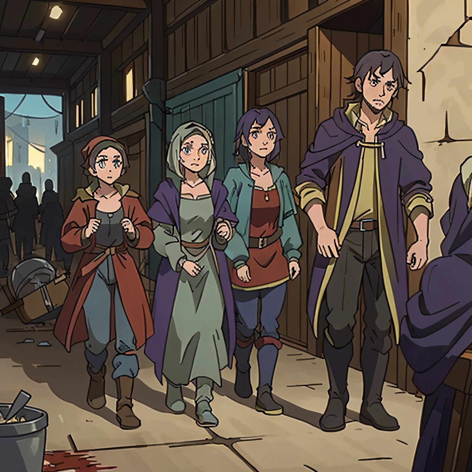group of people，refugee，Tall figure，Medieval clothes，worn-out clothing，dirty clothes，blood stain，run，Masterpiece, Movie Angle, dynamic framing,