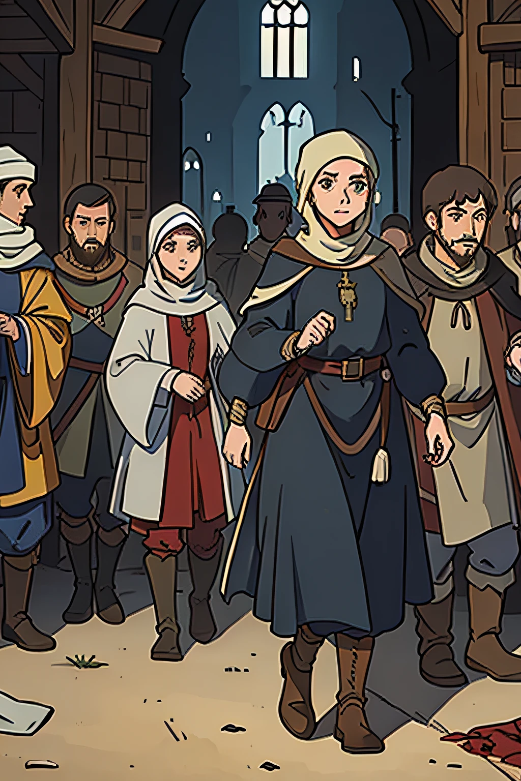 group of people，refugee，Tall figure，Medieval clothes，worn-out clothing，dirty clothes，blood stain，run，Masterpiece, Movie Angle, dynamic framing,