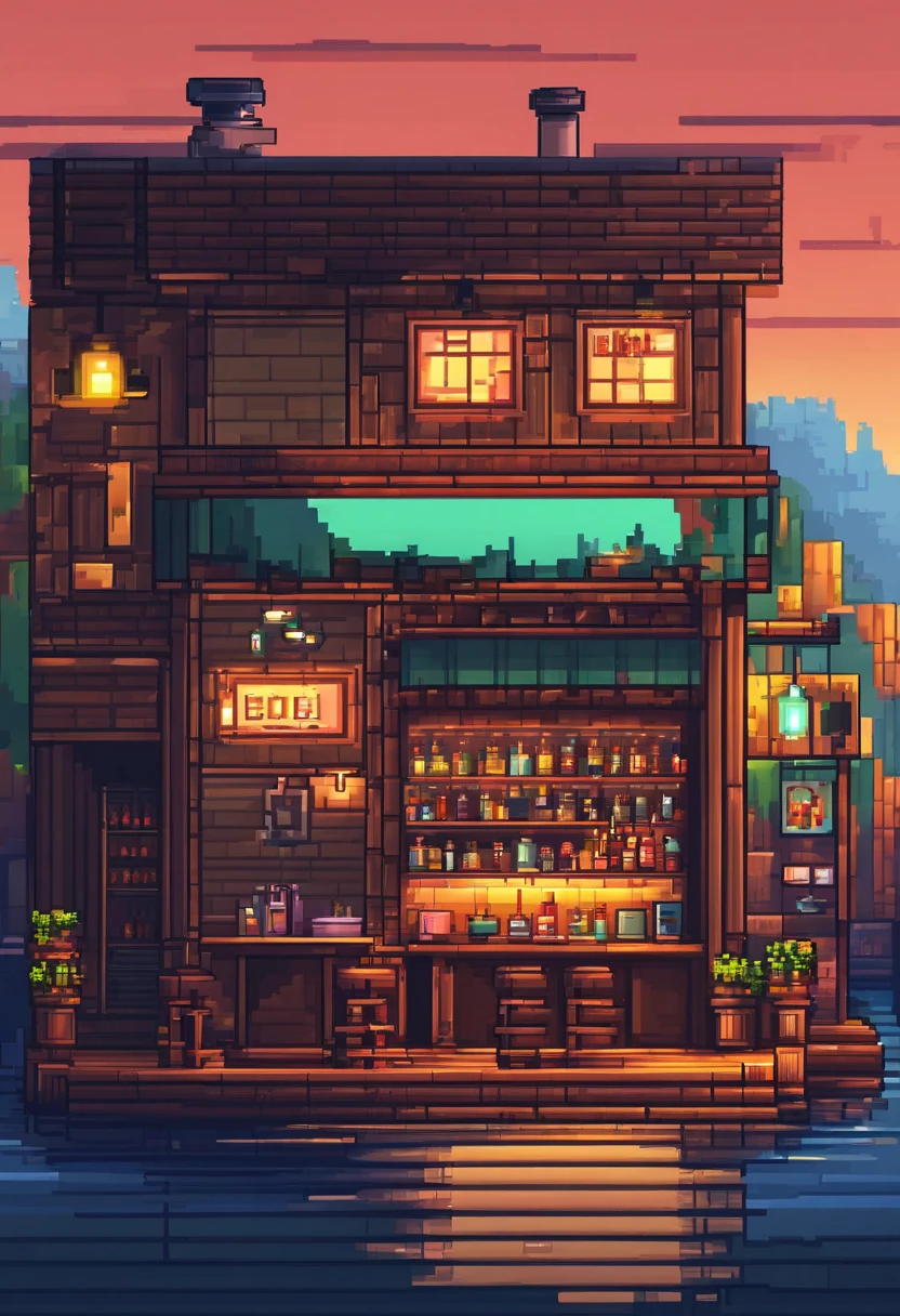 Pixel art of a small bar. Evening. 3d pixel art 4k wallpaper. Incredible pixel art details. Pixel art. Steam waves. Detailed unreal engine pixel art