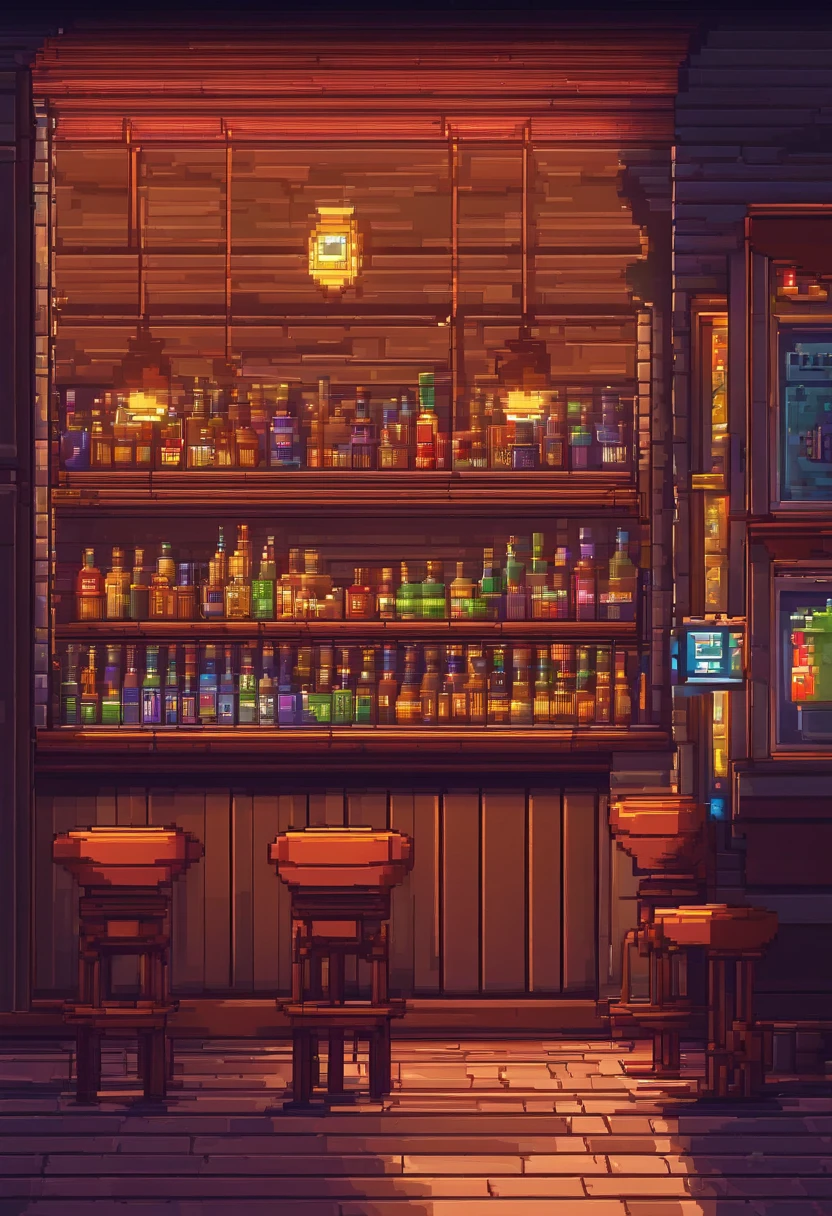 Pixel art  of a small bar. Evening. 3d pixel art 4k wallpaper. Incredible pixel art details. Pixel art. Steam waves. Detailed unreal engine pixel art