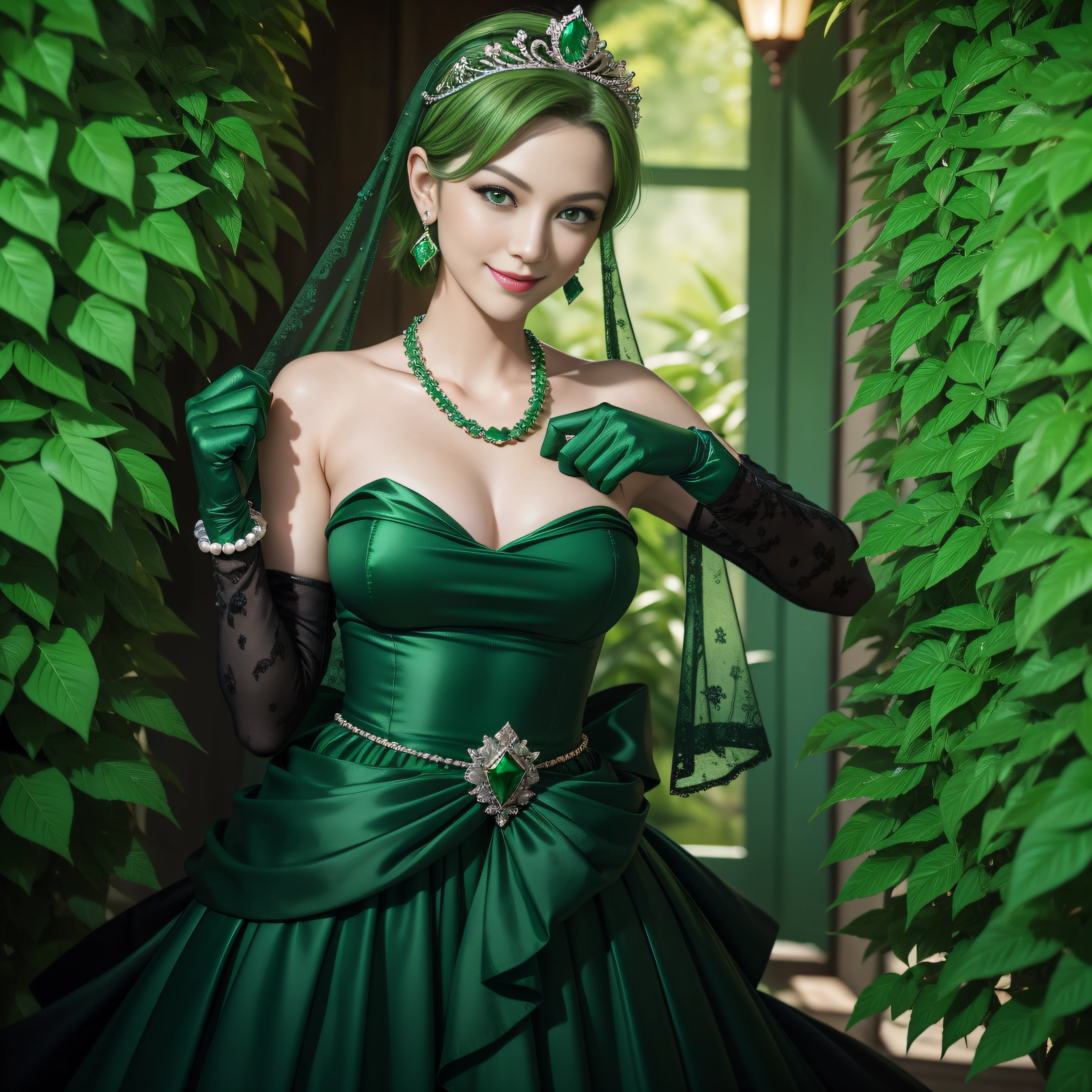 emerald tiara, Green Pearl Necklace, Boyish very short green hair, lipsticks, Japan woman smiling, very short short hair, fist, big breasts beautiful, Green eyes, Long green gloves made of satin material, Green eyes, Emerald Earrings