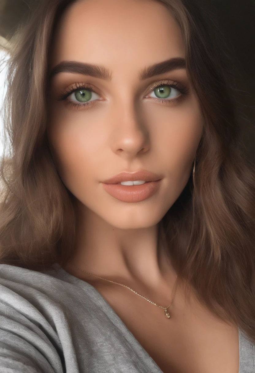 arafed woman with a white tank top and a necklace, sexy girl with green eyes, big boobies, portrait sophie mudd, brown hair and large eyes, selfie of a young woman, bedroom eyes, violet myers, without makeup, natural makeup, looking directly at the camera, face with artgram, subtle makeup, stunning full body shot, piercing green eyes