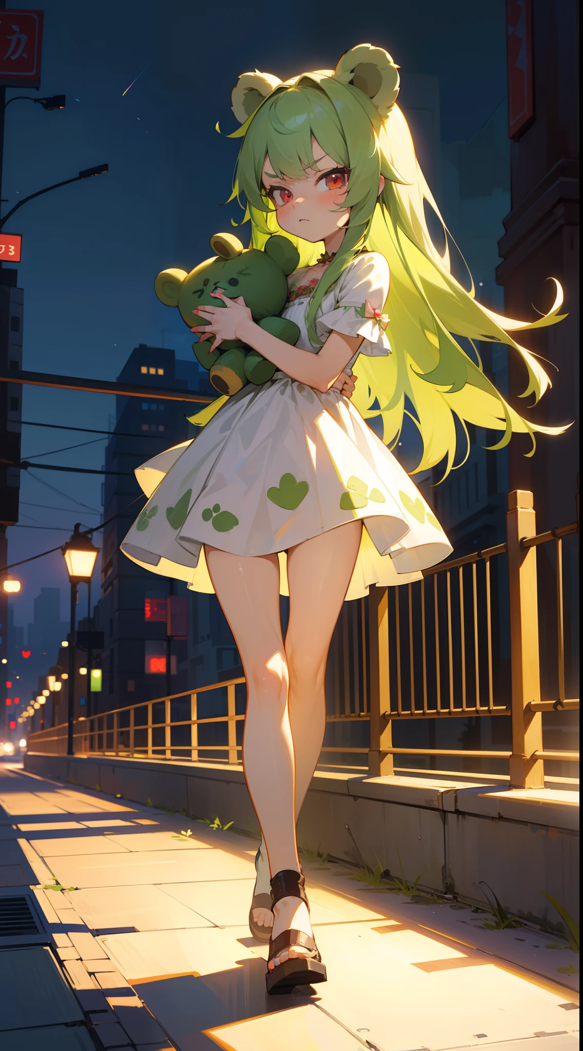 (Original Character,8k, Masterpiece, Best Quality,Detailed, Beautiful Detailed Eyes, solo),((1loli bear girl,4 years old)),((small body)),little white dress,green hair,bear ears,long hair,growing red eyes,loli,solo,cute,cowboy shot,holding a green teddy bear,(angry face, walking in a city at night),full body,night