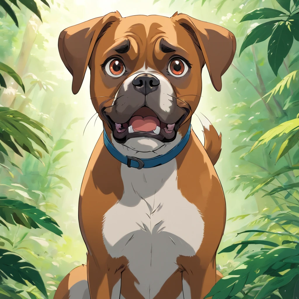 A boxer dog looking into the camera with a look of surprise and confusion, Looking with his head turned sideways, num lindo jardim
