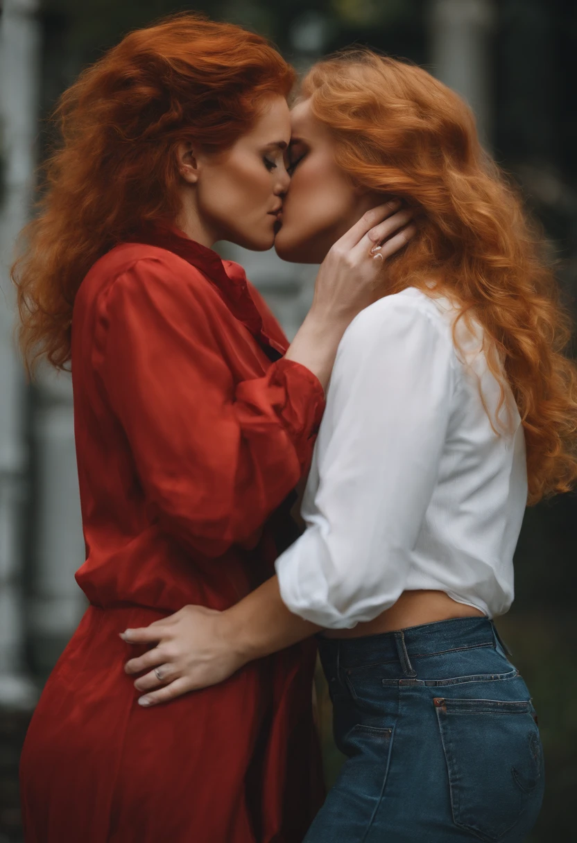 Red-haired woman wearing only panties kissing another blonde woman who wears only a pair of panties