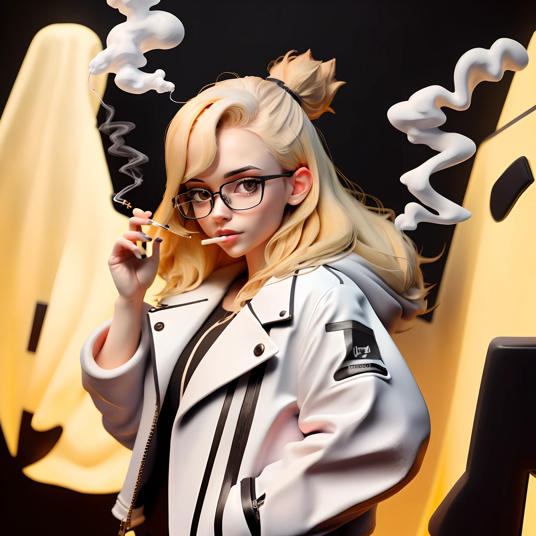 Blonde woman with a jacket and cigarette in her hand, wearing glasses, black background