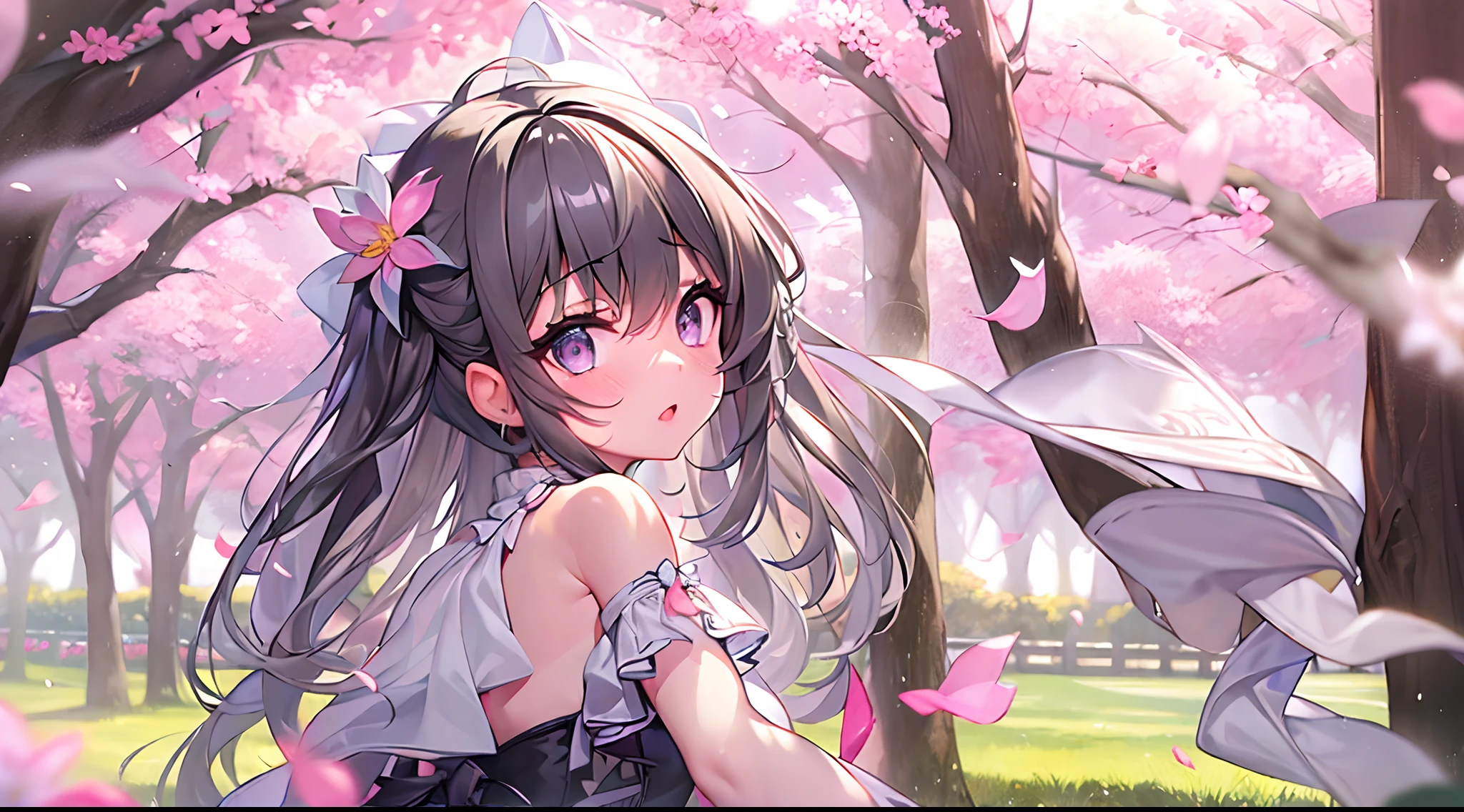 ( girl:1.5),lace,ribbon,(masterpiece, sidelighting, finely detailed beautiful gray eyes: 1.2), medium breast, realistic, glowing eyes,shiny hair,black hair,long long hair, lustrous skin, solo, embarassed,Strapless,exquisite,beautifly,garden,flowers,flying petals, bare legs, cherry blossom, cinematic light, cinematic composition, abundant expressions