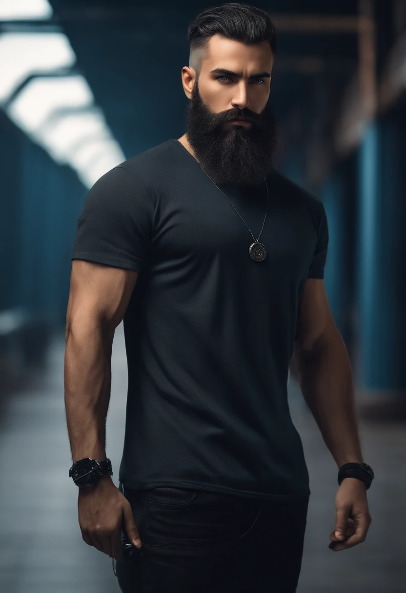 (Cyberpunk man in stylish clothes), (with a long, full beard,) (blue eyes) (portrait) Handsome and serious appearance, dark blue hair, Stylish and elegant, and strong body t-shirt, (Realistic and high quality), ((Best quality, 8k, master piece).
