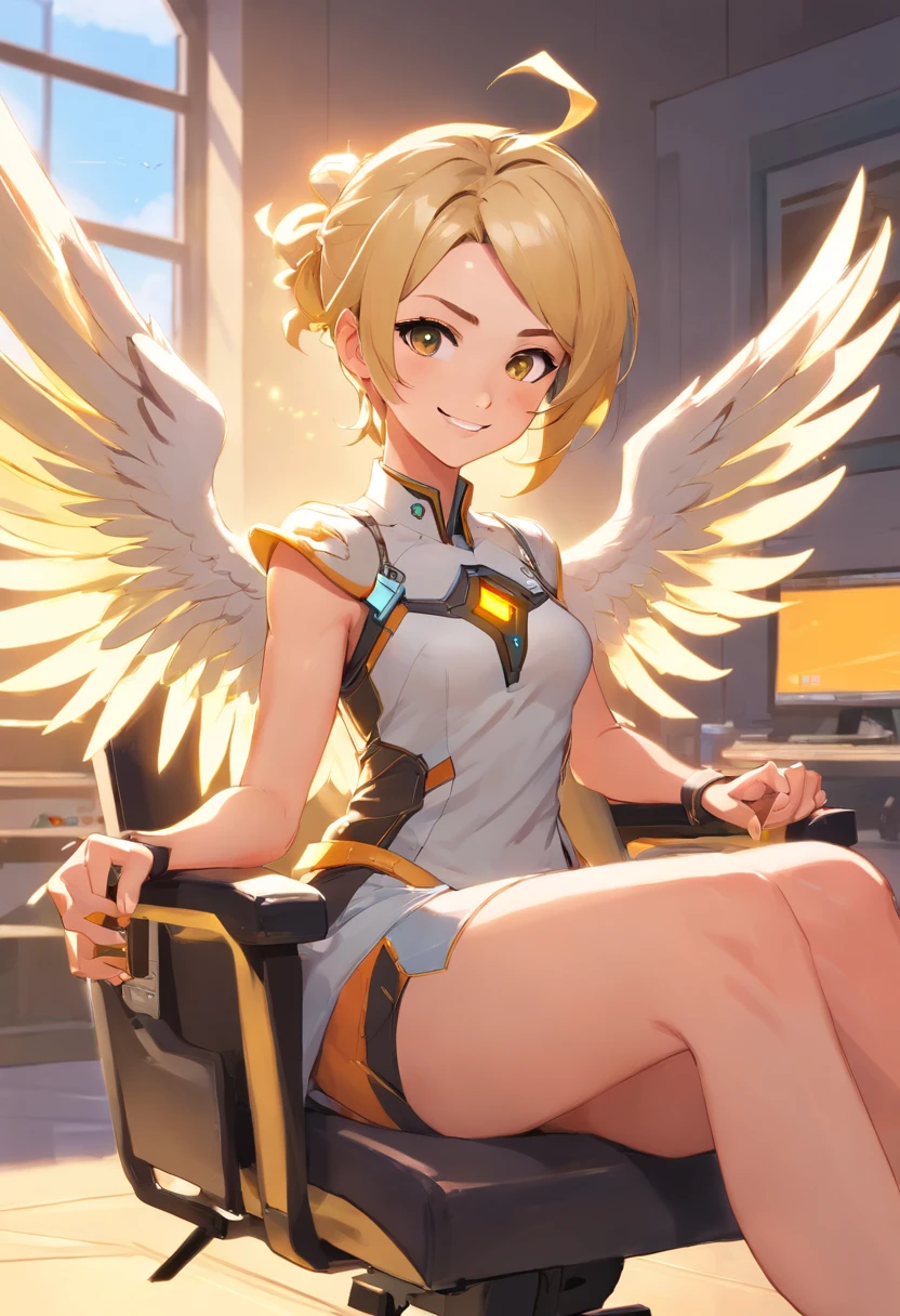 Overwatch Mercy, Bodiyut, Sit on a chair, Smile