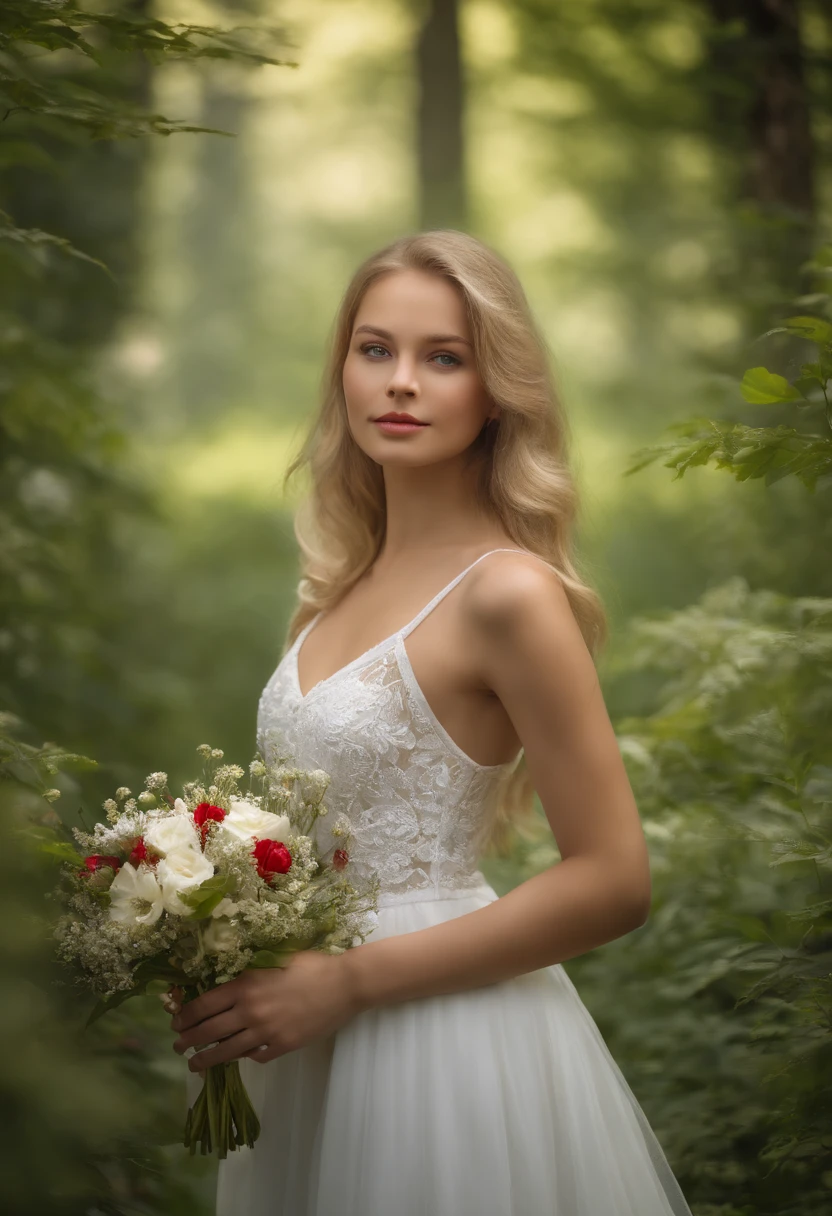 (best quality,4K,8K,hight resolution,Meisterwerk:1.2),Ultra-detailliert(HDR,UHD,Studiobeleuchtung),Realistic portraits of a girl with a bouquet of flowers, beautiful eyes and lips, blond, blondes leicht gewelltes Haar, white dress with red bow, extremely detailed facial features, lange Wimpern. The girl stands in a picturesque forest, surrounded by bright green vegetation and colorful flowers. The sunlight penetrates through the leaves, Pouring a soft, Ethereal glow in the scene. The girl delicately holds the bouquet in her hand, ihre Finger schmiegten sich sanft um die Stiele. The red ribbon around the bouquet stands out, Verleihen Sie der Komposition einen Hauch von lebendigen Farben. The girl's dress elegantly flows around her, its pure white color, which contrasts with the natural environment. The forest is filled with the enchanting melodies of birdsong and the subtle rustling of leaves in the wind. The atmosphere is serene and poetic, evoke a sense of tranquility and beauty in nature. The painting is made in a realistic style, Capture the intricate details of the girl's face and the textures of the flowers and leaves with precision. Die Farben sind lebendig und lebendig, Verbesserung der visuellen Gesamtwirkung des Kunstwerks. The composition is carefully arranged, with the girl, which is placed slightly off-center, and draws the viewer's attention to her expressive eyes and radiant smile. Die Beleuchtung ist warm und sanft, Schaffen Sie ein weiches Ambiente und verleihen Sie der Szene Tiefe. Der Gesamteffekt ist ein visuell atemberaubendes Meisterwerk, that celebrates the beauty of nature and the grace of the girl in the forest.
