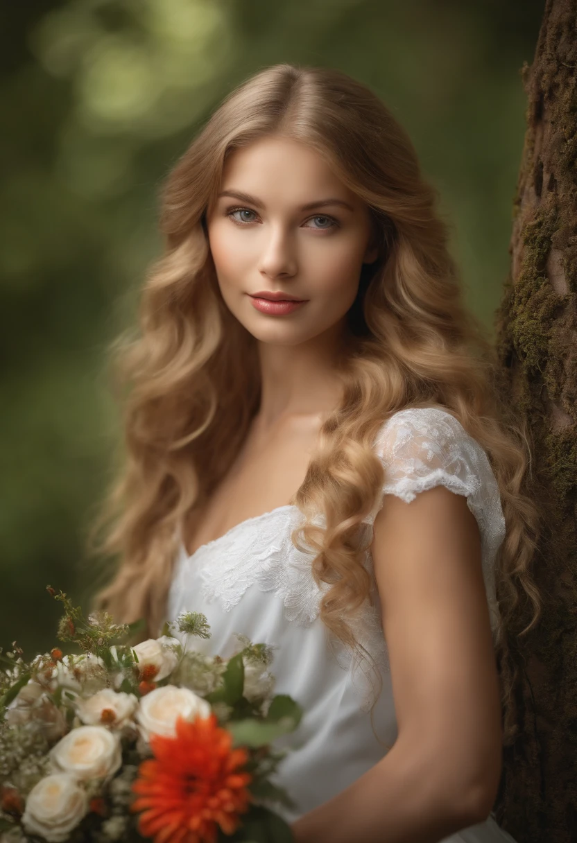 (best quality,4K,8K,hight resolution,Meisterwerk:1.2),Ultra-detailliert(HDR,UHD,Studiobeleuchtung),Realistic portraits of a girl with a bouquet of flowers, beautiful eyes and lips, blond, blondes leicht gewelltes Haar, white dress with red bow, extremely detailed facial features, lange Wimpern. The girl stands in a picturesque forest, surrounded by bright green vegetation and colorful flowers. The sunlight penetrates through the leaves, Pouring a soft, Ethereal glow in the scene. The girl delicately holds the bouquet in her hand, ihre Finger schmiegten sich sanft um die Stiele. The red ribbon around the bouquet stands out, Verleihen Sie der Komposition einen Hauch von lebendigen Farben. The girl's dress elegantly flows around her, its pure white color, which contrasts with the natural environment. The forest is filled with the enchanting melodies of birdsong and the subtle rustling of leaves in the wind. The atmosphere is serene and poetic, evoke a sense of tranquility and beauty in nature. The painting is made in a realistic style, Capture the intricate details of the girl's face and the textures of the flowers and leaves with precision. Die Farben sind lebendig und lebendig, Verbesserung der visuellen Gesamtwirkung des Kunstwerks. The composition is carefully arranged, with the girl, which is placed slightly off-center, and draws the viewer's attention to her expressive eyes and radiant smile. Die Beleuchtung ist warm und sanft, Schaffen Sie ein weiches Ambiente und verleihen Sie der Szene Tiefe. Der Gesamteffekt ist ein visuell atemberaubendes Meisterwerk, that celebrates the beauty of nature and the grace of the girl in the forest.