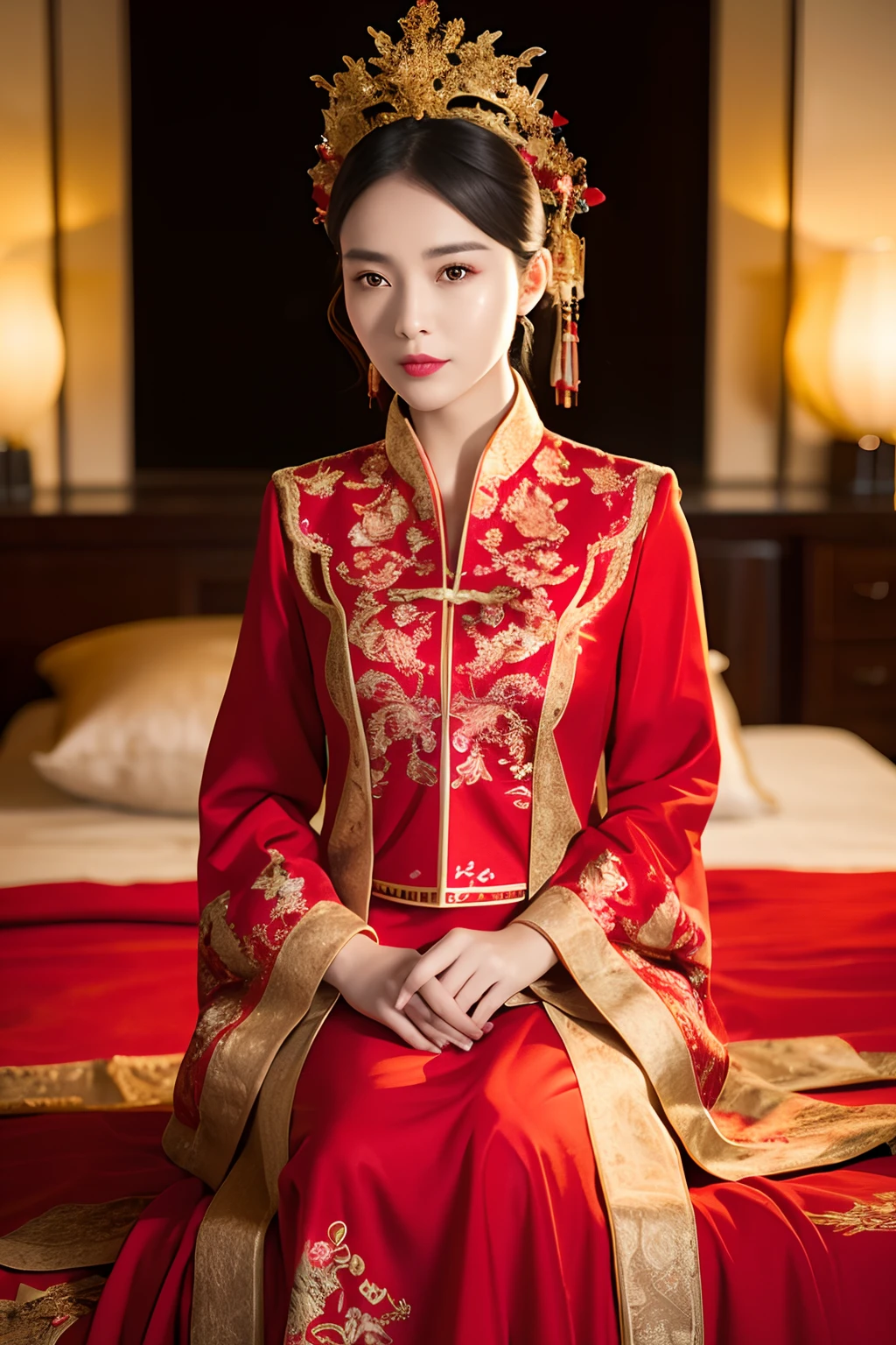 (Ultra-realistic 8K CG:1.2),Perfect artwork,delicate patterns,Complicated details,(Unbeatable masterpiece,Best quality at best:1.2),(extremly intricate:1.2),A woman in a red and gold dress,Absolutely beautiful,Phoenix crown,hair stick,(sitting on red bed),cosmetics,Be red in the face,is shy,black_Hair,looking-down,cosmetics,(forehead dot),(2 red candles),Chinese_clothes,窗帘,耳Nipple Ring,Hair_decorations,Hanfu,inside in room, jewely,rednails,Long_Sleeves,reddress,Redlip,nipple tassels,(Red quilt),(red palace:1.2),(Chinese Ancient Architecture),(rot:1.8),natta