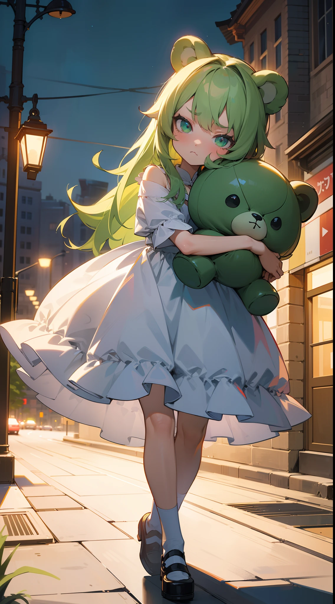 (Original Character,8k, Masterpiece, Best Quality,Detailed, Beautiful Detailed Eyes, solo),((1loli bear girl,4 years old)),((small body)),little white dress,green hair,bear ears,long hair,green eyes,loli,solo,cute,cowboy shot,hugging a green teddy bear,(angry face, walking in a city at night),full body,night